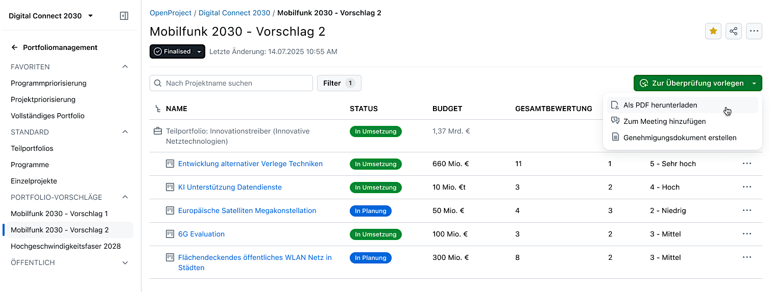 Screenshot PMflex.one: “Portfolio management” module with a savable and filterable list of proposals, including attributes like status, budget, and overall rating. Dropdown on “Submit for review” button offers options to download as PDF, add to meeting, or create approval document.