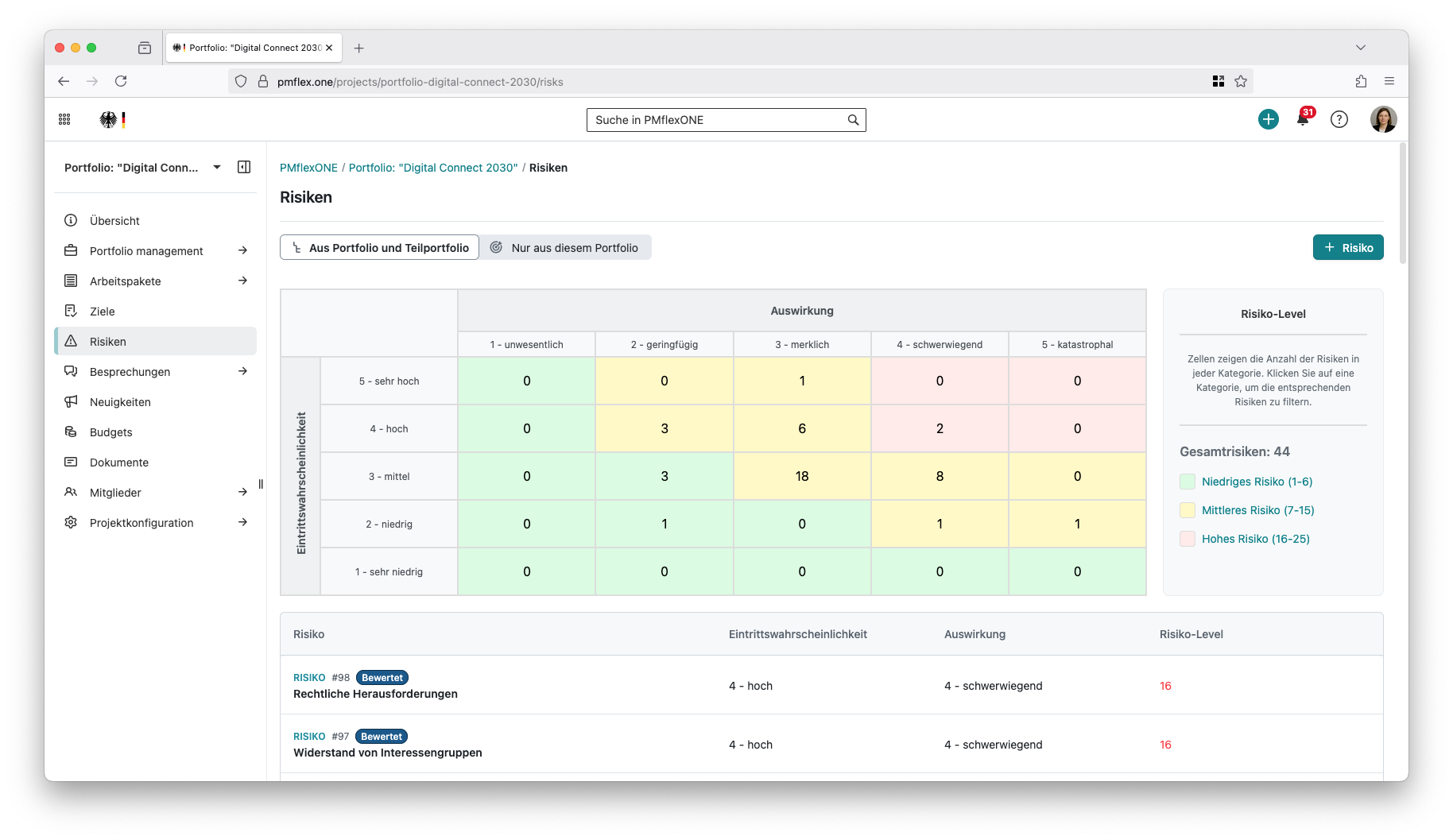 Screenshot PMflex.one: Newly created “Risks” module displaying risk work packages in a color-coded matrix (X-axis: Impact, Y-axis: Probability) and a tabular risk list