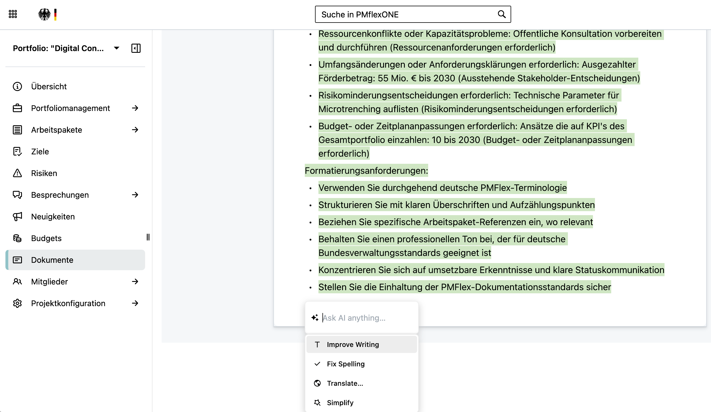 Screenshot PMflex.one: Documents module with highlighted text and the following options: Ask AI anything, Improve writing, Fix spelling, Translate…, Simplify.