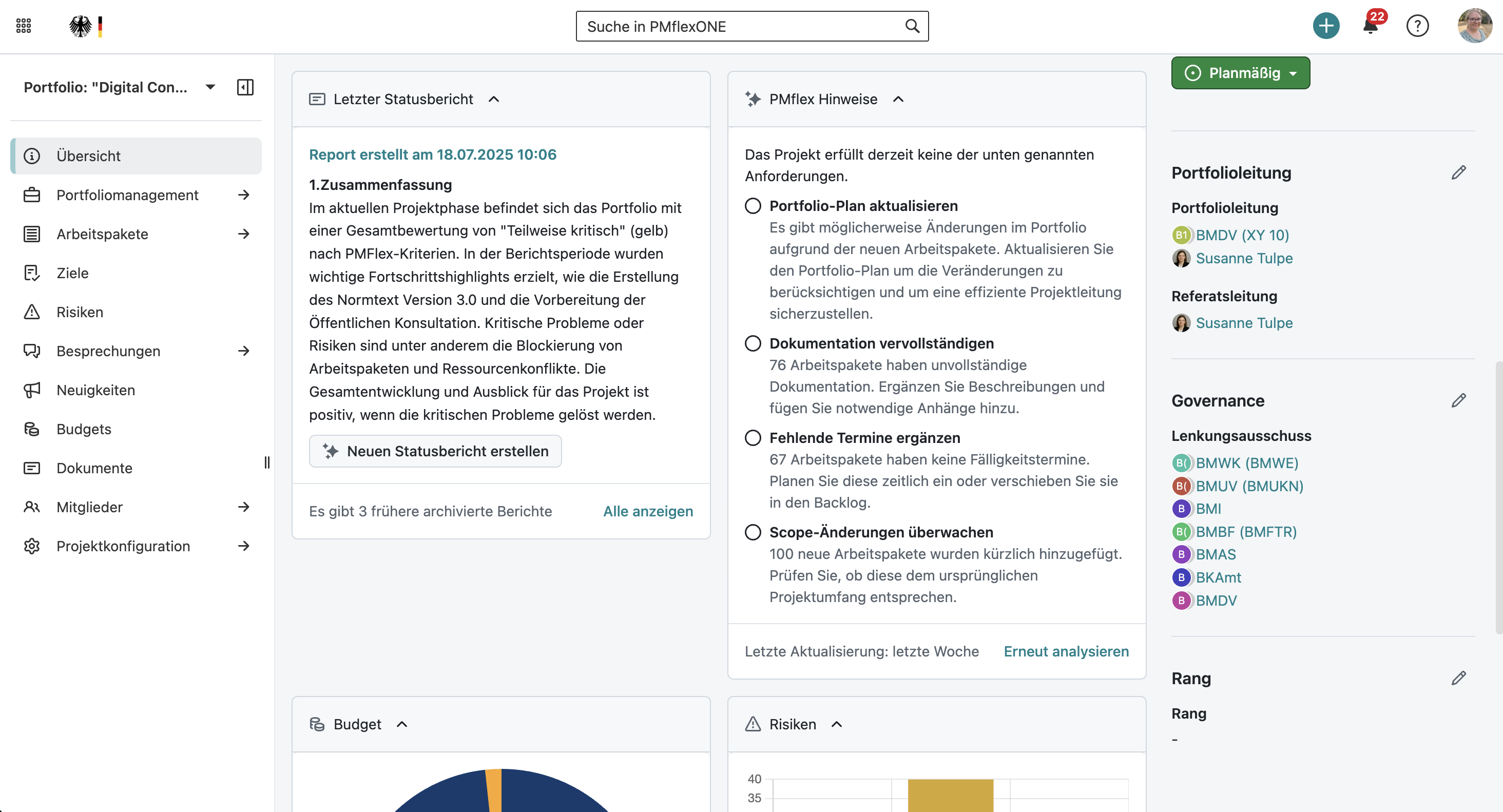 Screenshot PMflex.one: Portfolio overview page with new modules: “Latest status report” and “PMflex suggestions”, e.g., “Update portfolio plan” or “Complete documentation”