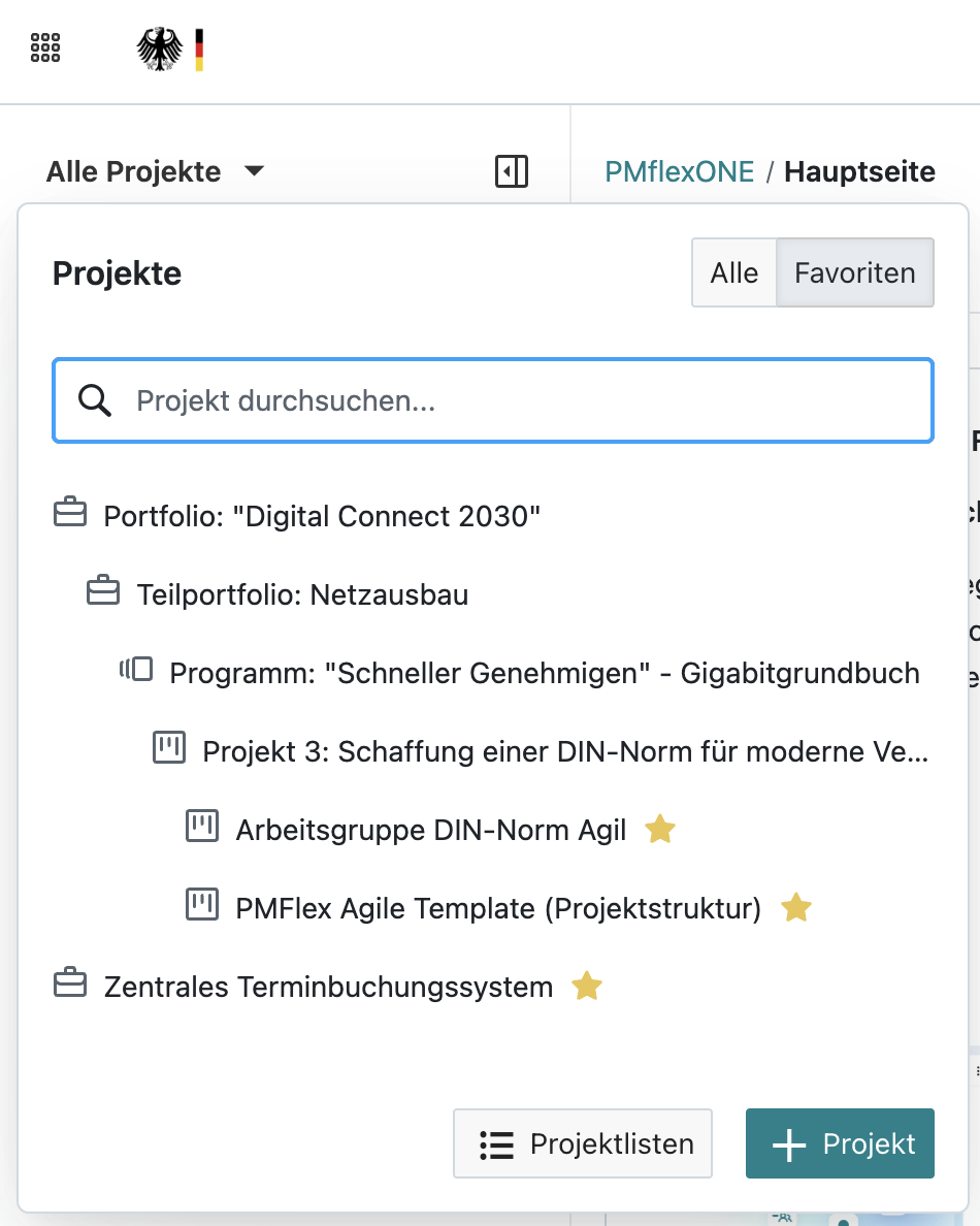 Screenshot PMflex.one: Favorited “Projects” dropdown showing a hierarchical list of portfolio, sub-portfolio, program, and projects