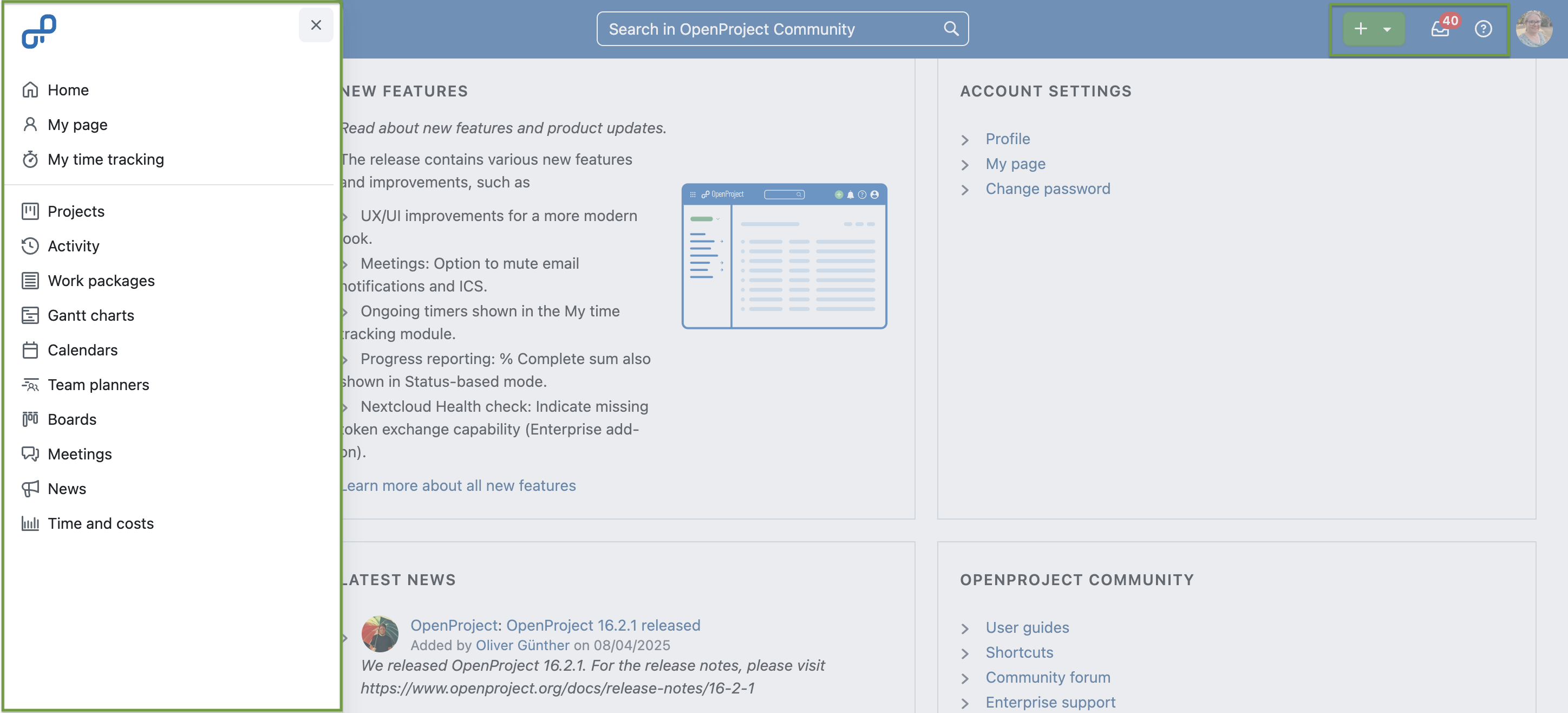 Screenshot der Startseite von OpenProject Community mit hervorgehobenem Dropdown-Menü und neu gestalteten Symbolen auf der rechten Seite der Kopfzeile