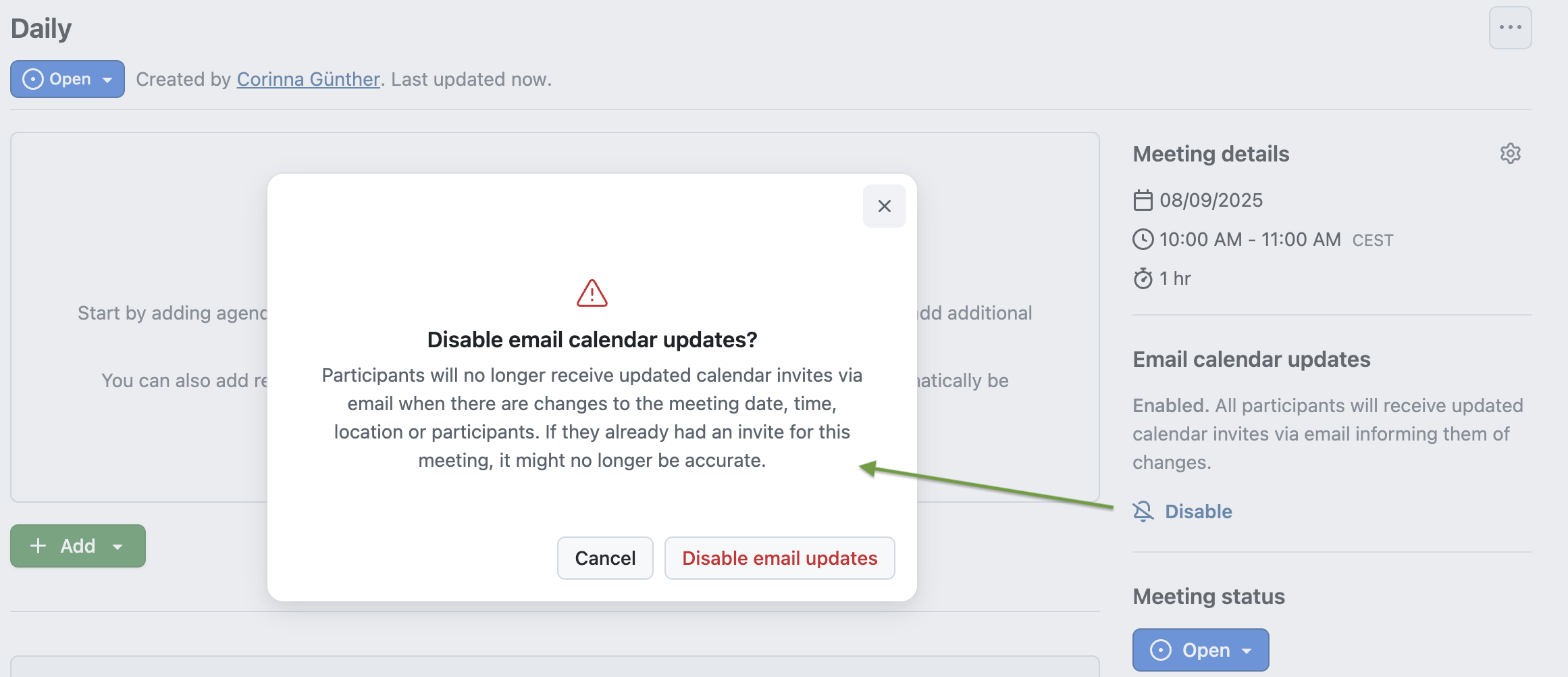 Captura de pantalla que muestra la plantilla de reunión de OpenProject con la superposición para desactivar las notificaciones por correo electrónico