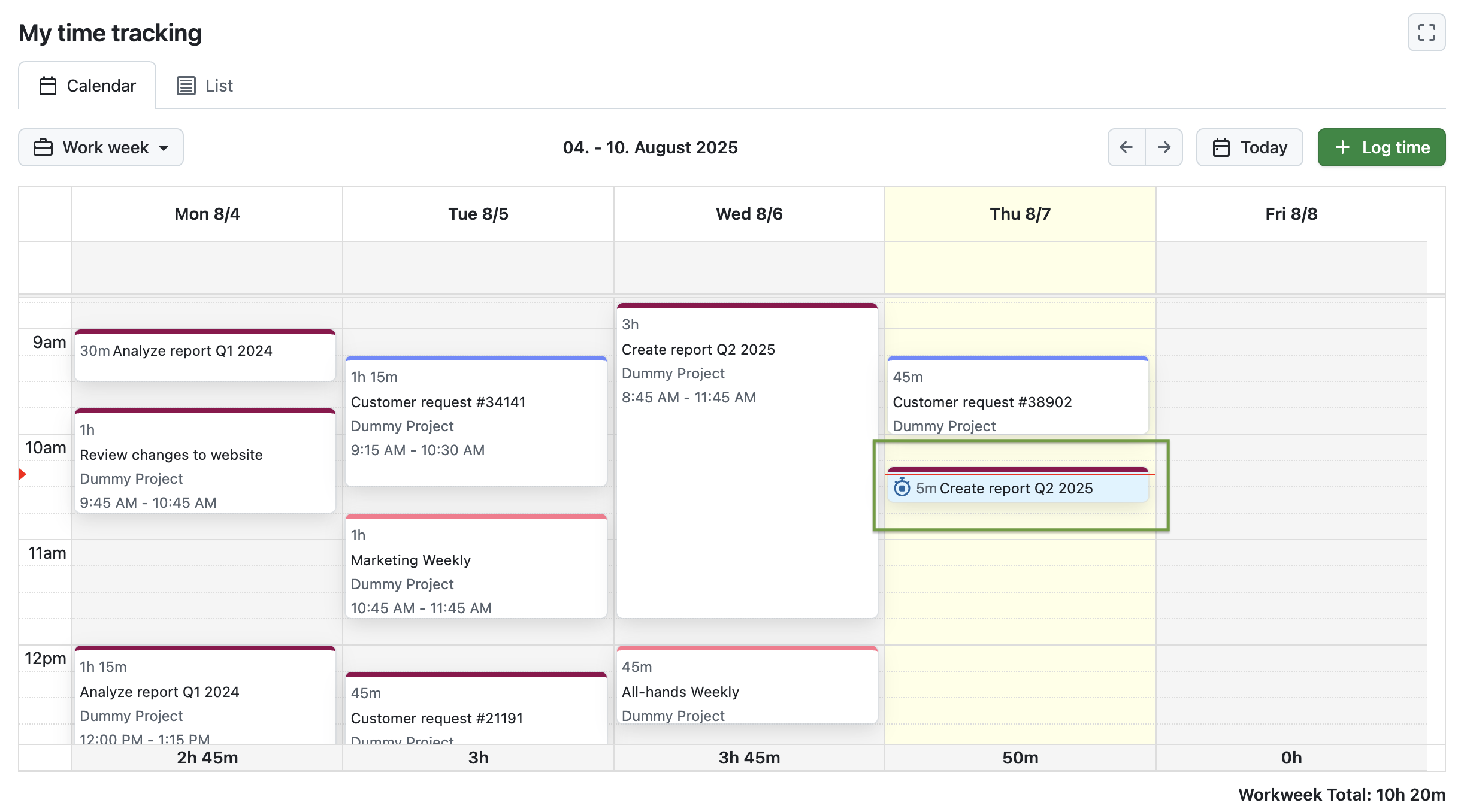 Screenshot, der das Modul ‘Meine Zeiterfassung’ von OpenProject in der Kalenderansicht mit einem hervorgehobenen Zeiteintrag für ‚Heute’ zeigt, der 5 Minuten läuft und mit einem Timer-Symbol angezeigt wird
