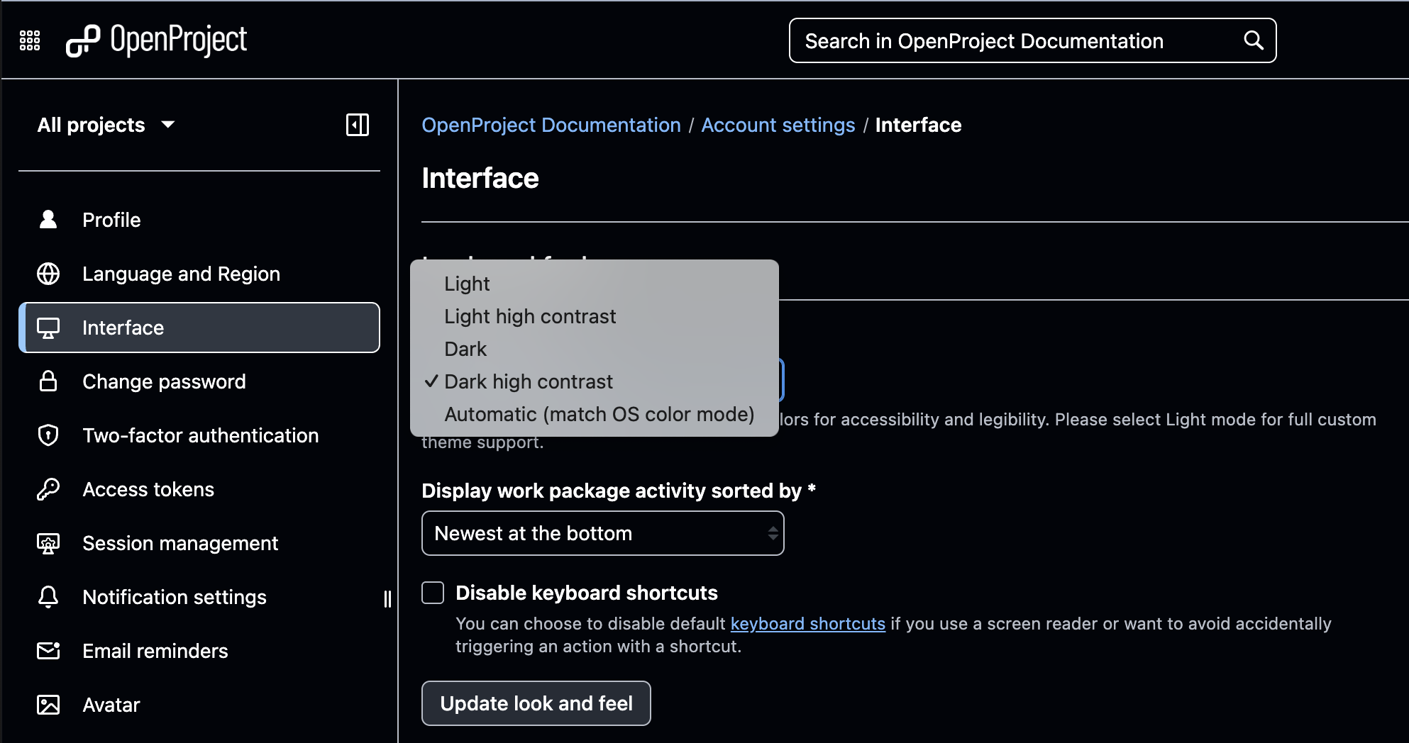 Screenshot von OpenProject 16.4: Kontoeinstellungen zum Anpassen des Farbmodus an neue Optionen wie hoher Kontrast und Automatischer Modus