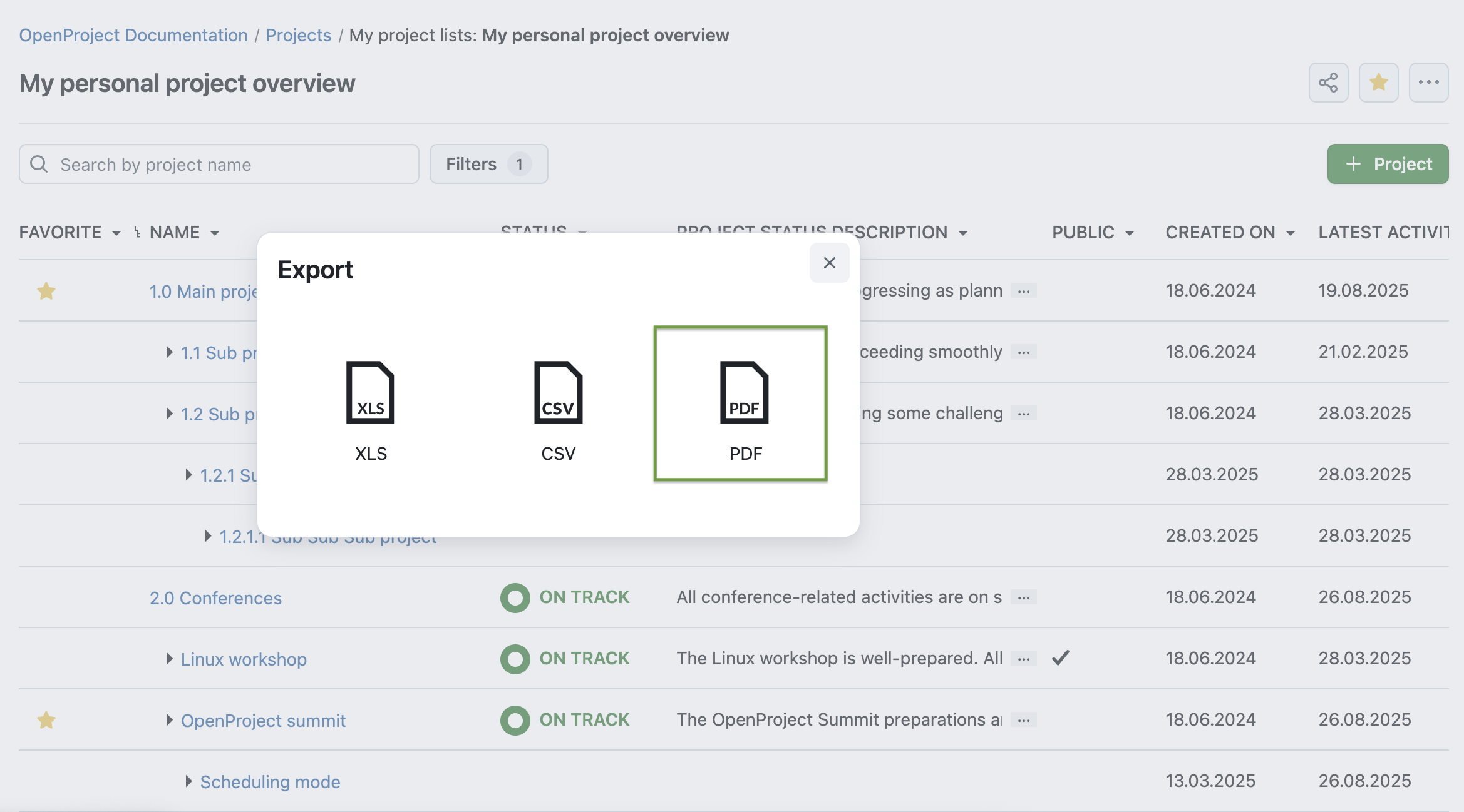 Screenshot von OpenProject 16.4: Exportieren Sie Modal für den PDF-Export von Projektlisten, wählen Sie das Dateiformat - XLS, CSV und PDF