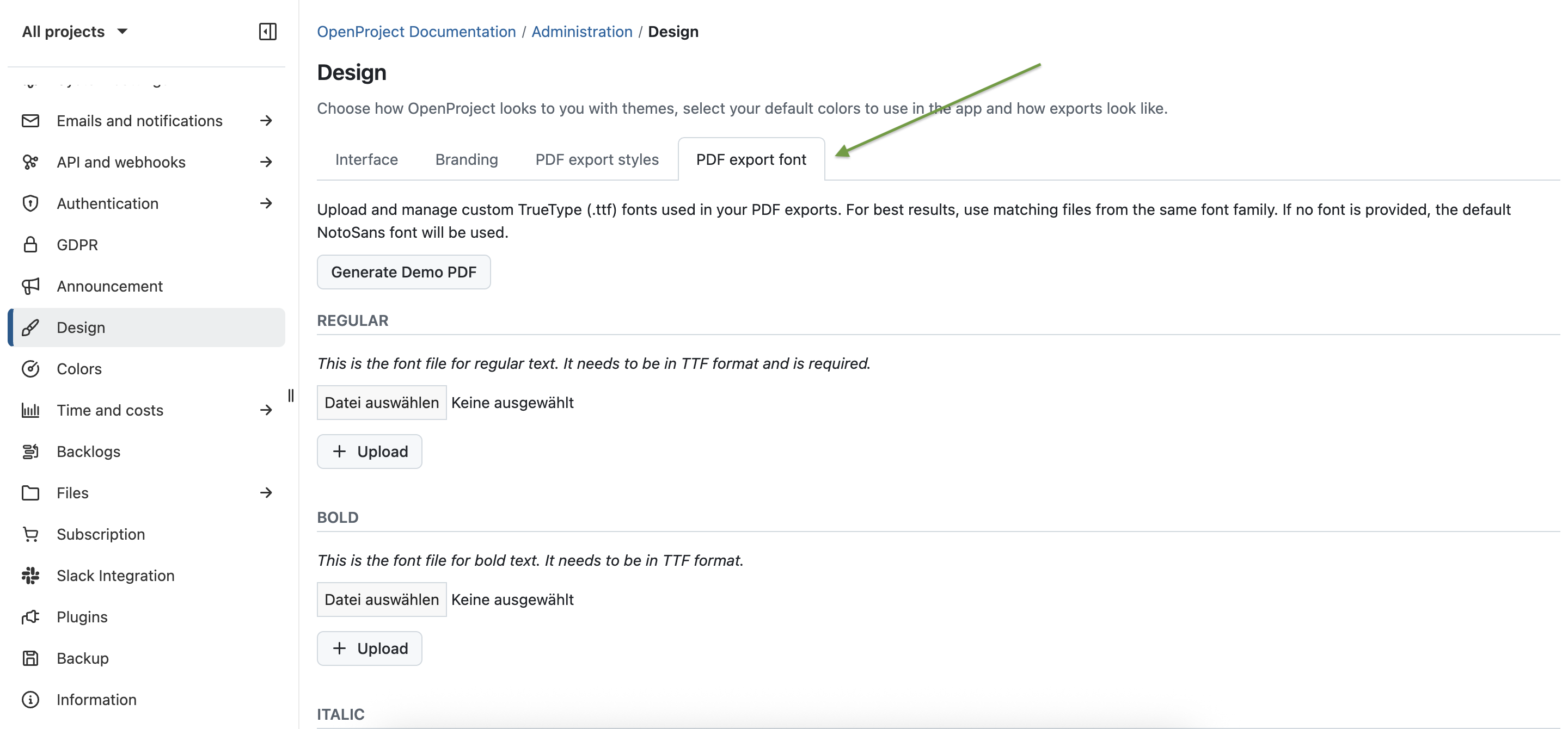 Screenshot von OpenProject 16.4: Administration / Design / PDF-Export-Schriftart – Optionen zum Hochladen von Schriftarten für normal, fett und kursiv und zum Generieren einer Demo-PDF