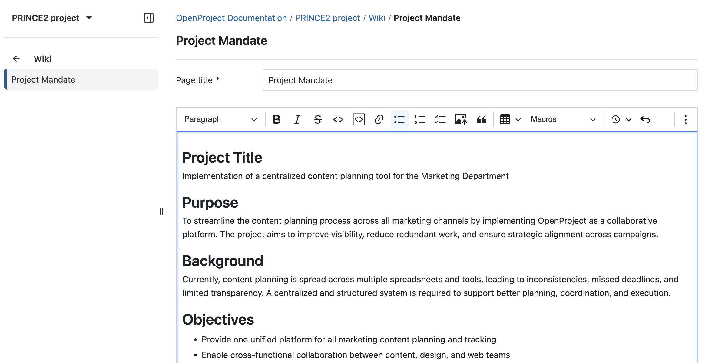 Siga el proceso PRINCE2 con OpenProject: Ponga en marcha un proyecto creando un nuevo wiki en OpenProject para su Mandato de Proyecto