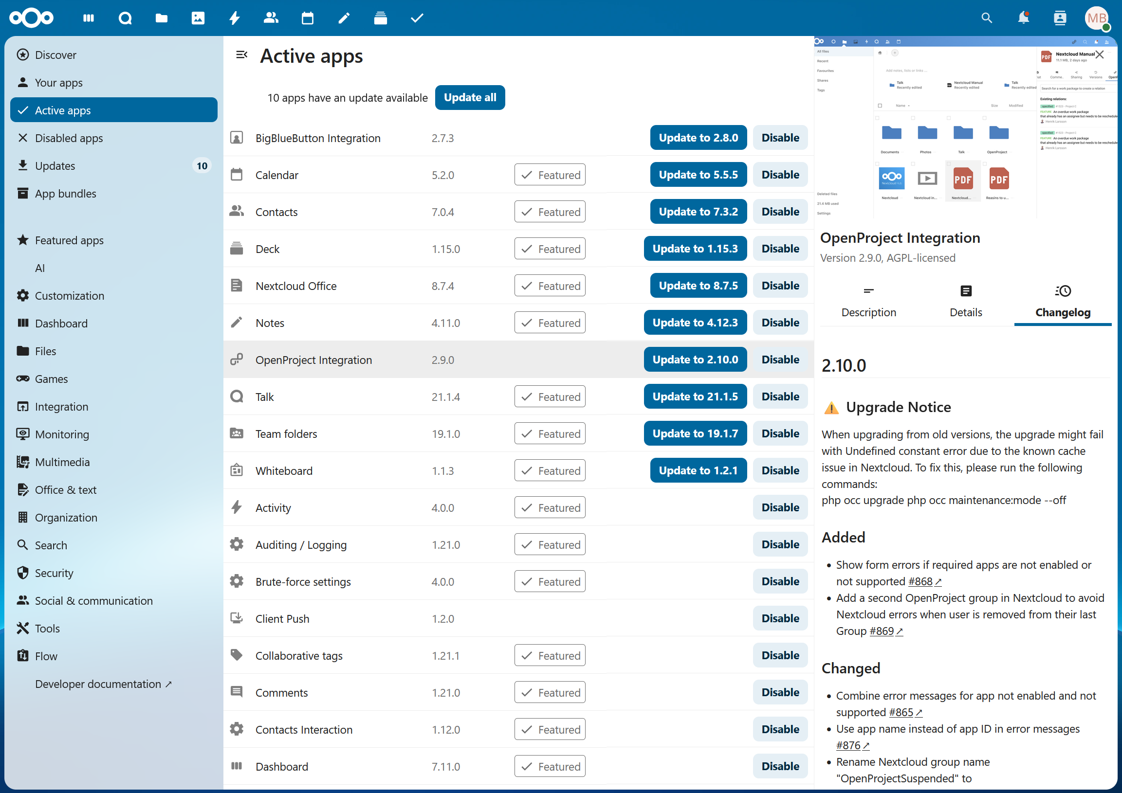 OpenProject integration app for Nextcloud released in version 2.10.0