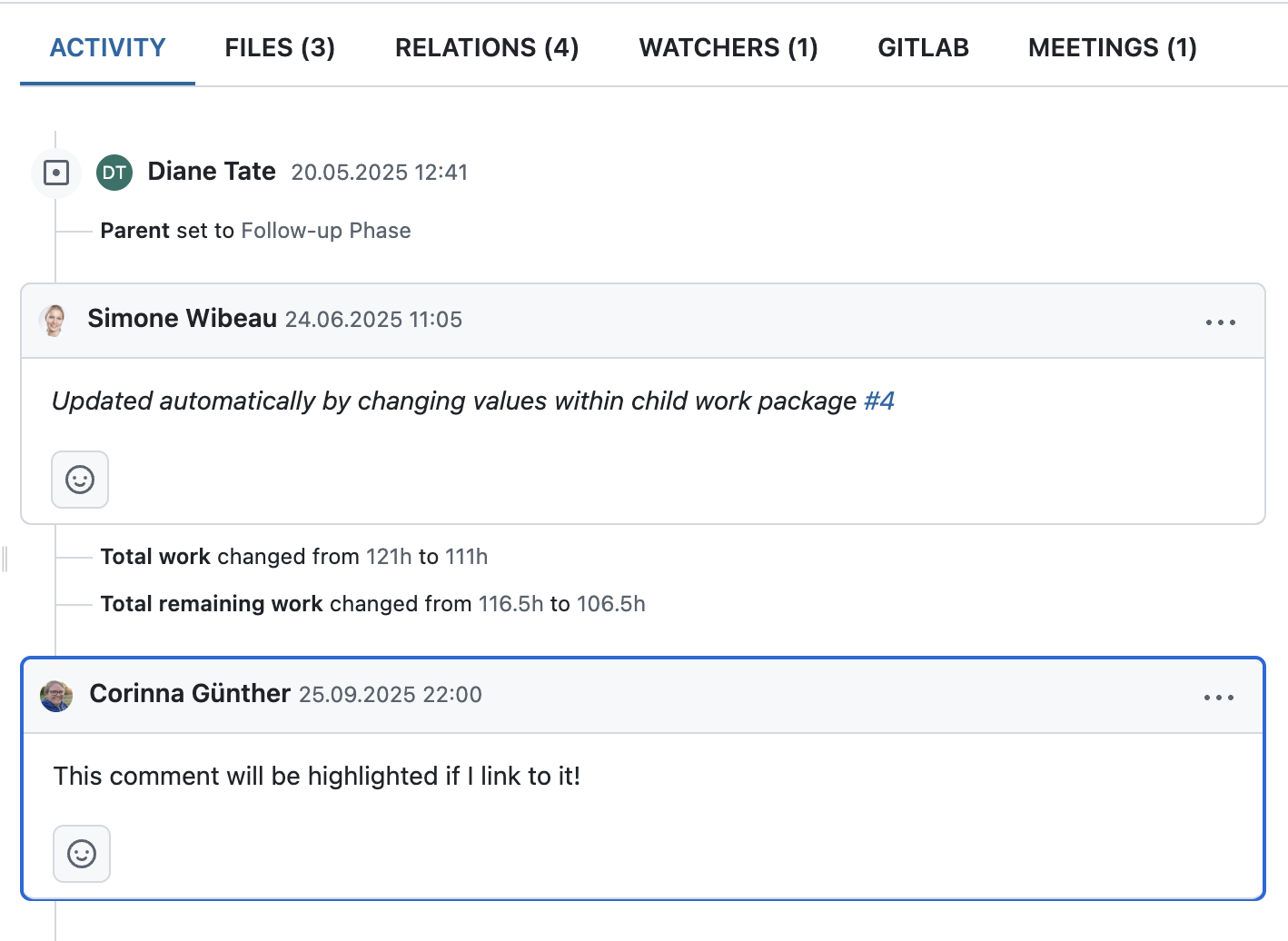 OpenProject-Arbeitspaket, Registerkarte „Aktivität“, Kommentar mit blauem Rahmen hervorgehoben und dem Hinweis „Dieser Kommentar wird hervorgehoben, wenn ich darauf verlinke!“