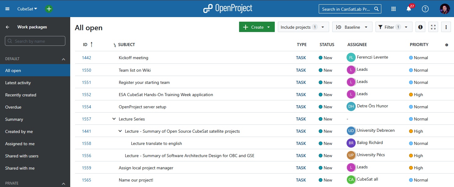 OpenProject Arbeitspaket-Tabelle für das CanSat Lab