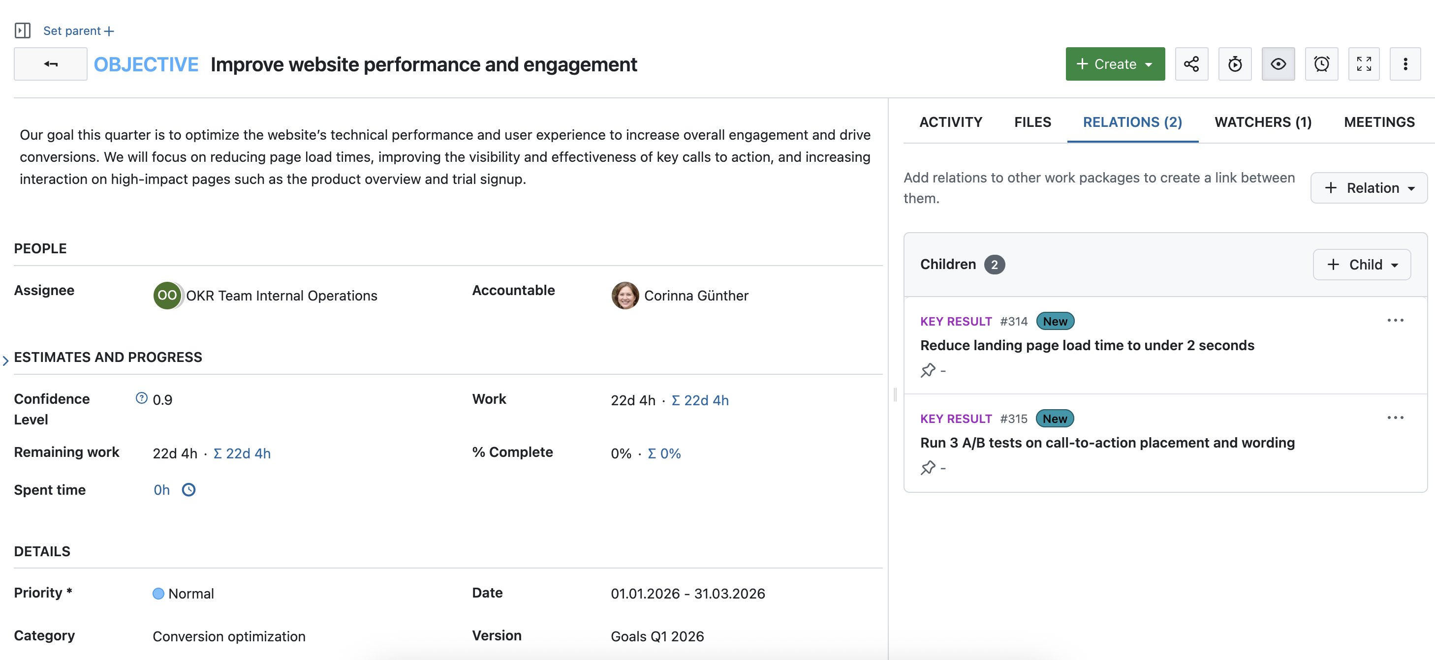 OpenProject work package type Objective with two Key Results added as children