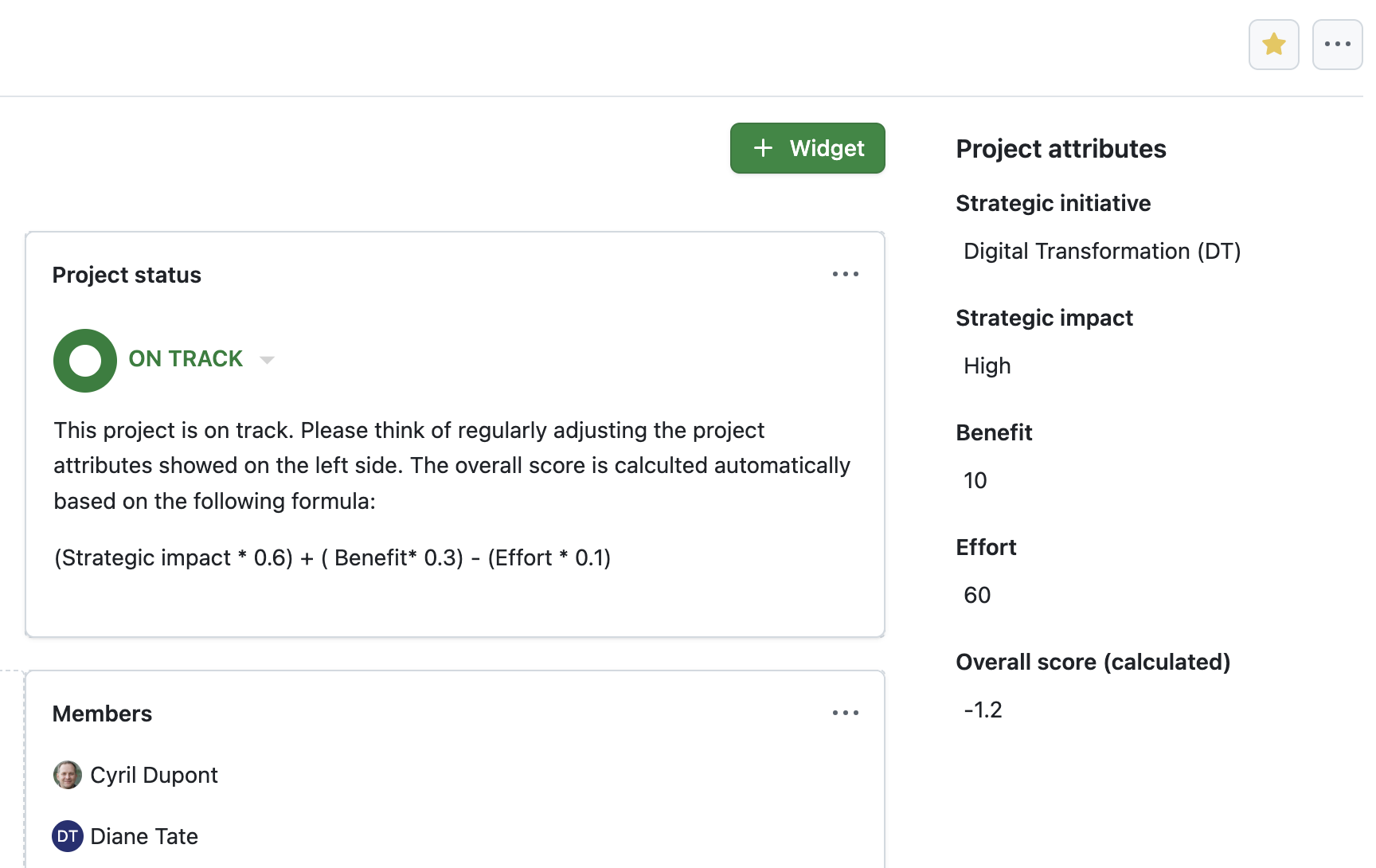 OpenProject 16.6: Project overview page showing three project attributes: Benefit = 10, Effort = 60, Overall Score (calculated) = automatically set to -1,2
