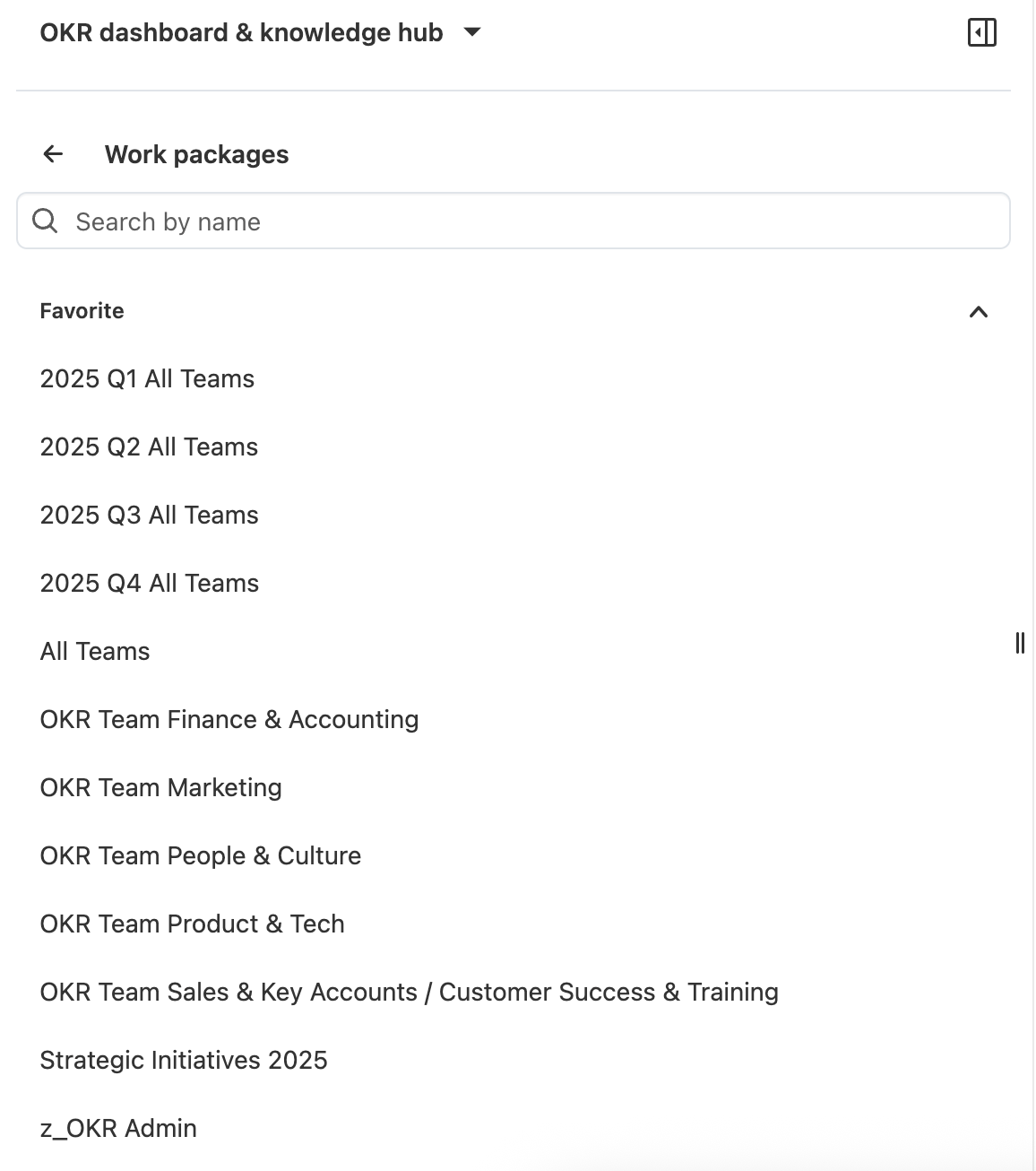 List of saved work package tables in the OpenProject OKR project