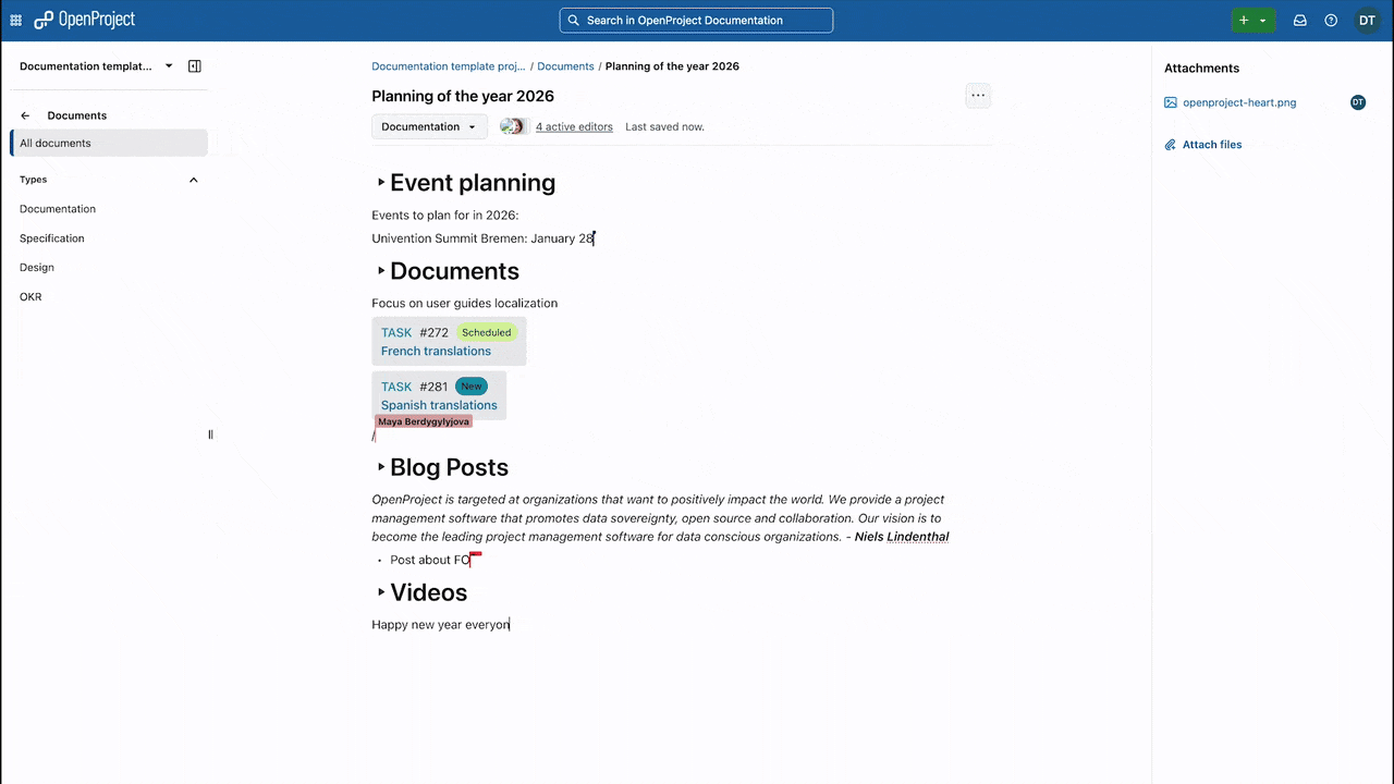 Gif showing 4 active editors in the OpenProject Documents module, adding a heart image to the document, linking work packages and collaboratively writing and editing text
