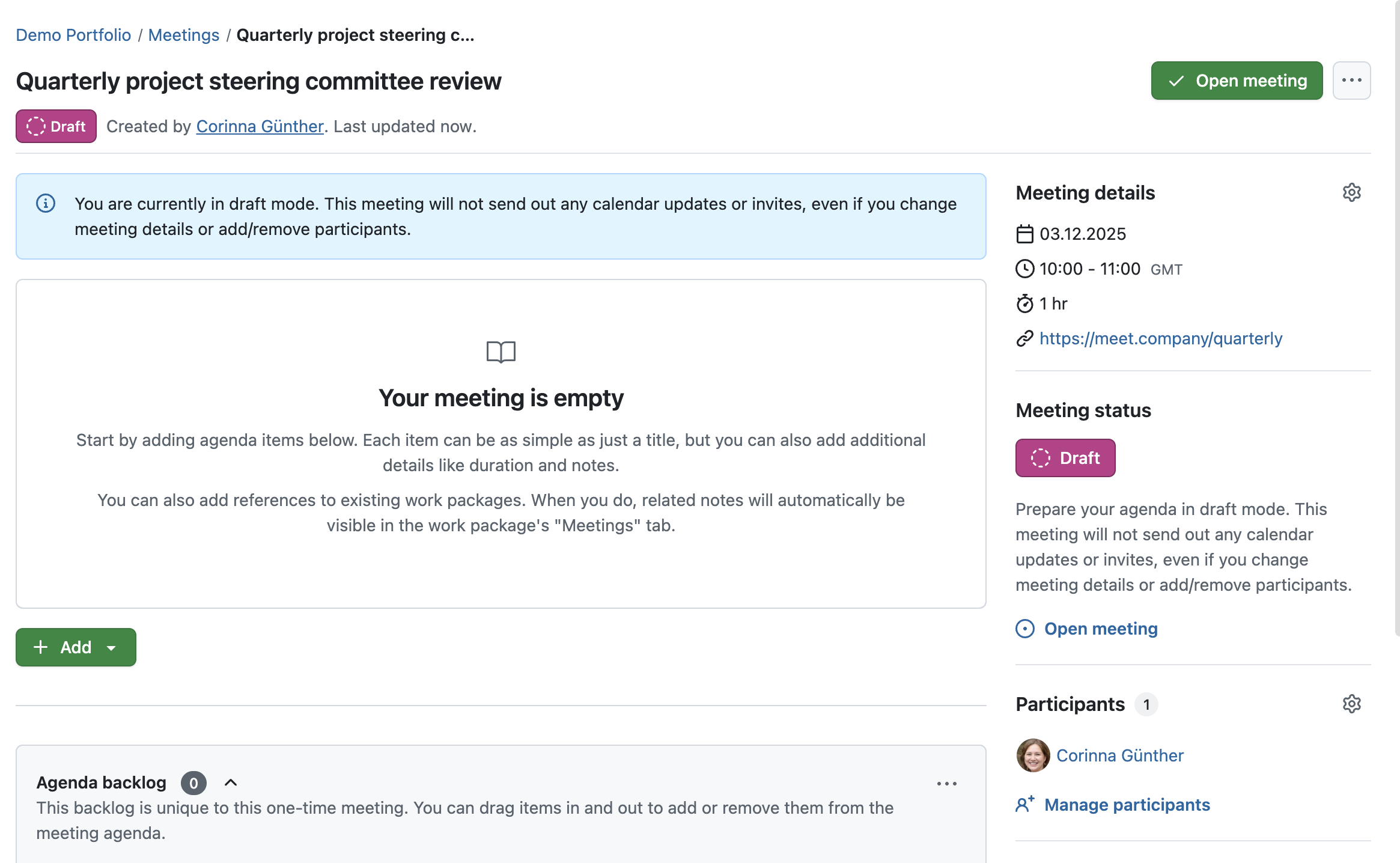 OpenProject-Besprechungsentwurfsmodus, gekennzeichnet durch den Status „Entwurf” und ein Banner, das den Entwurfsmodus erklärt. Oben rechts befindet sich eine grüne Schaltfläche „Besprechung öffnen”.