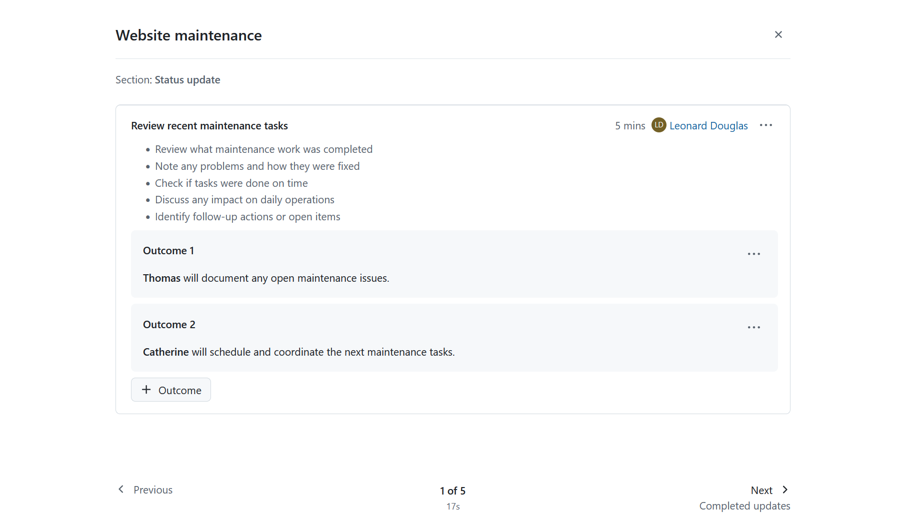 OpenProject-Besprechungs-Präsentationsmodus mit nur einem Tagesordnungspunkt, den Optionen „Zurück“ und „Weiter“ unten und einer Anzeige, dass es sich um Seite 1/5 handelt.