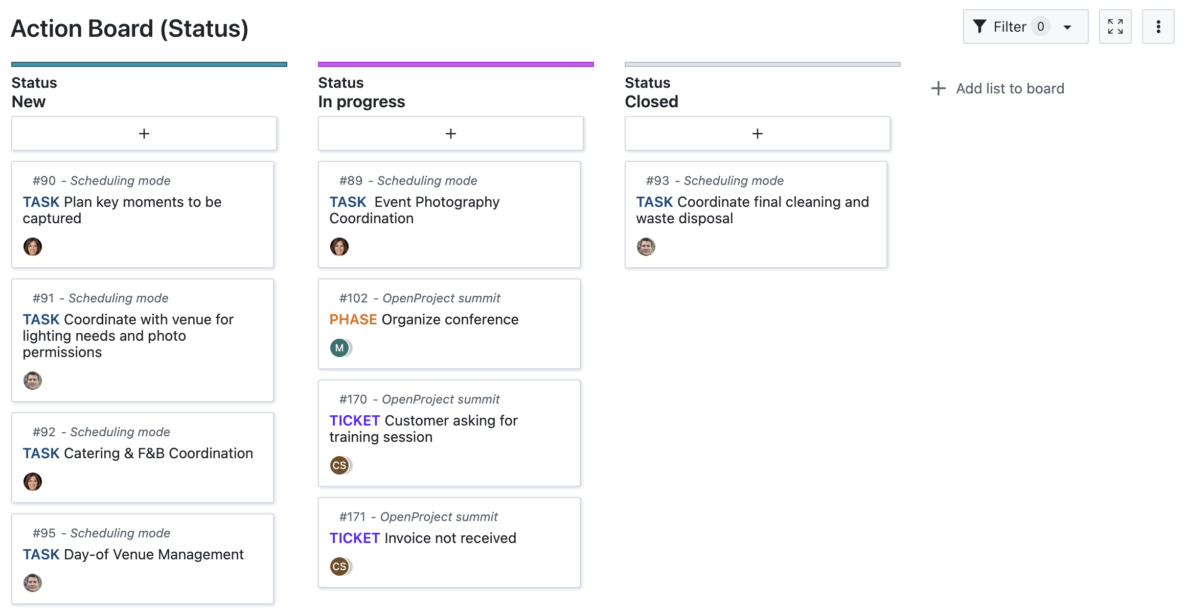 OpenProject action status board with new in progress and closed lists