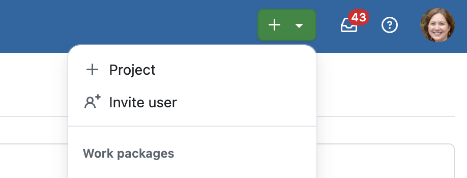 Plus button in header to add new project in OpenProject