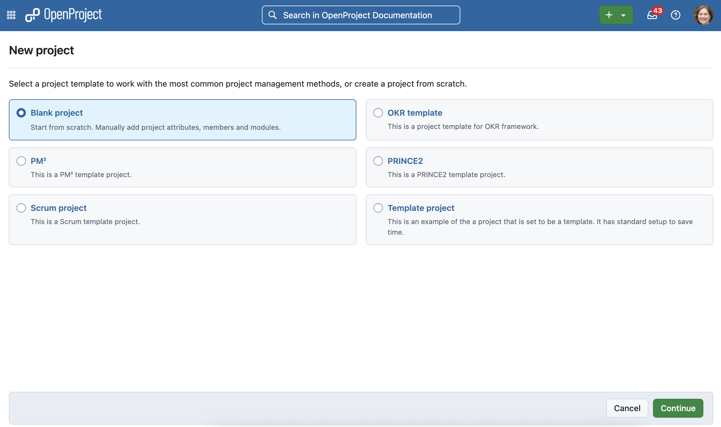 OpenProject template selection page