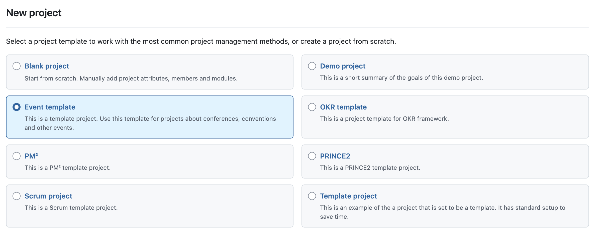 OpenProject template selection page, with “Event template” selected and description displayed
