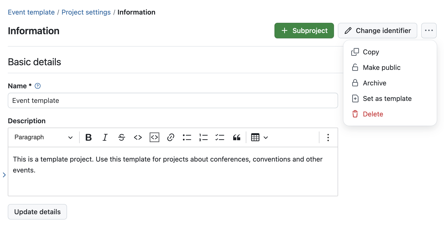 OpenProject project form top right with dropdown menu to set as template