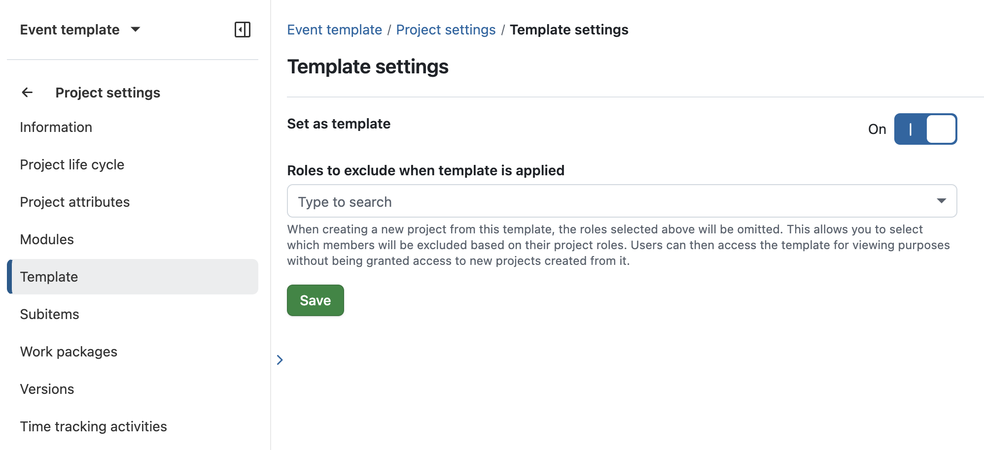 Configuración del proyecto OpenProject para habilitar como plantilla