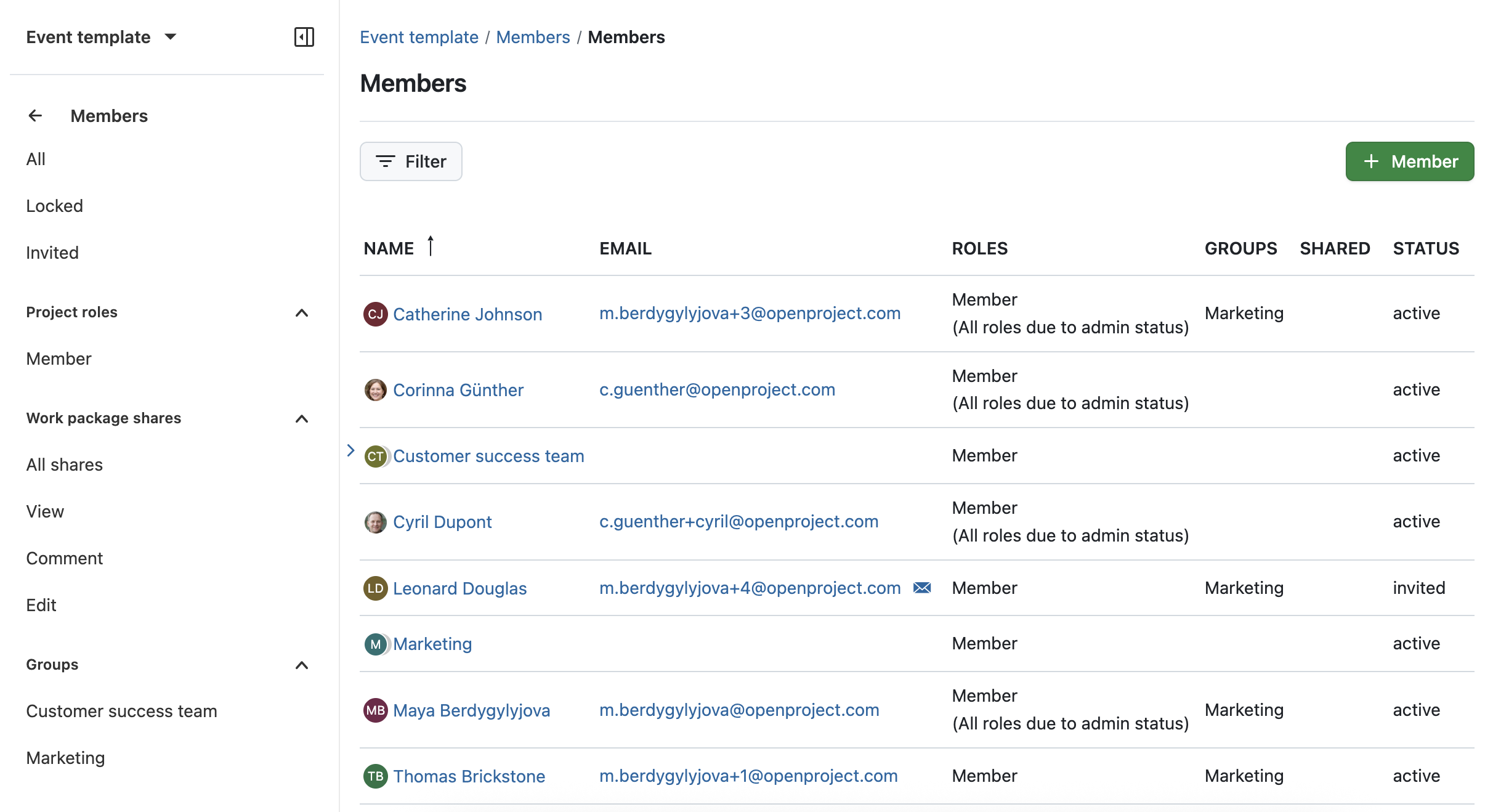 Módulo de miembros de OpenProject mostrado con algunos miembros