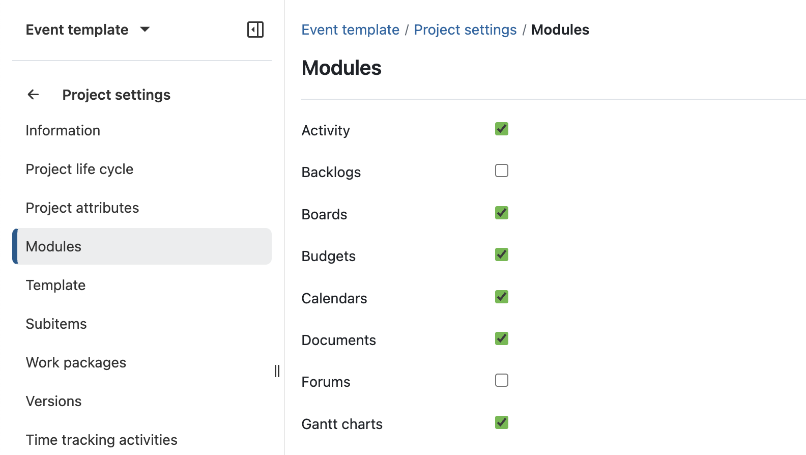 OpenProject project settings showing all modules with tick boxes to activate or deactivate