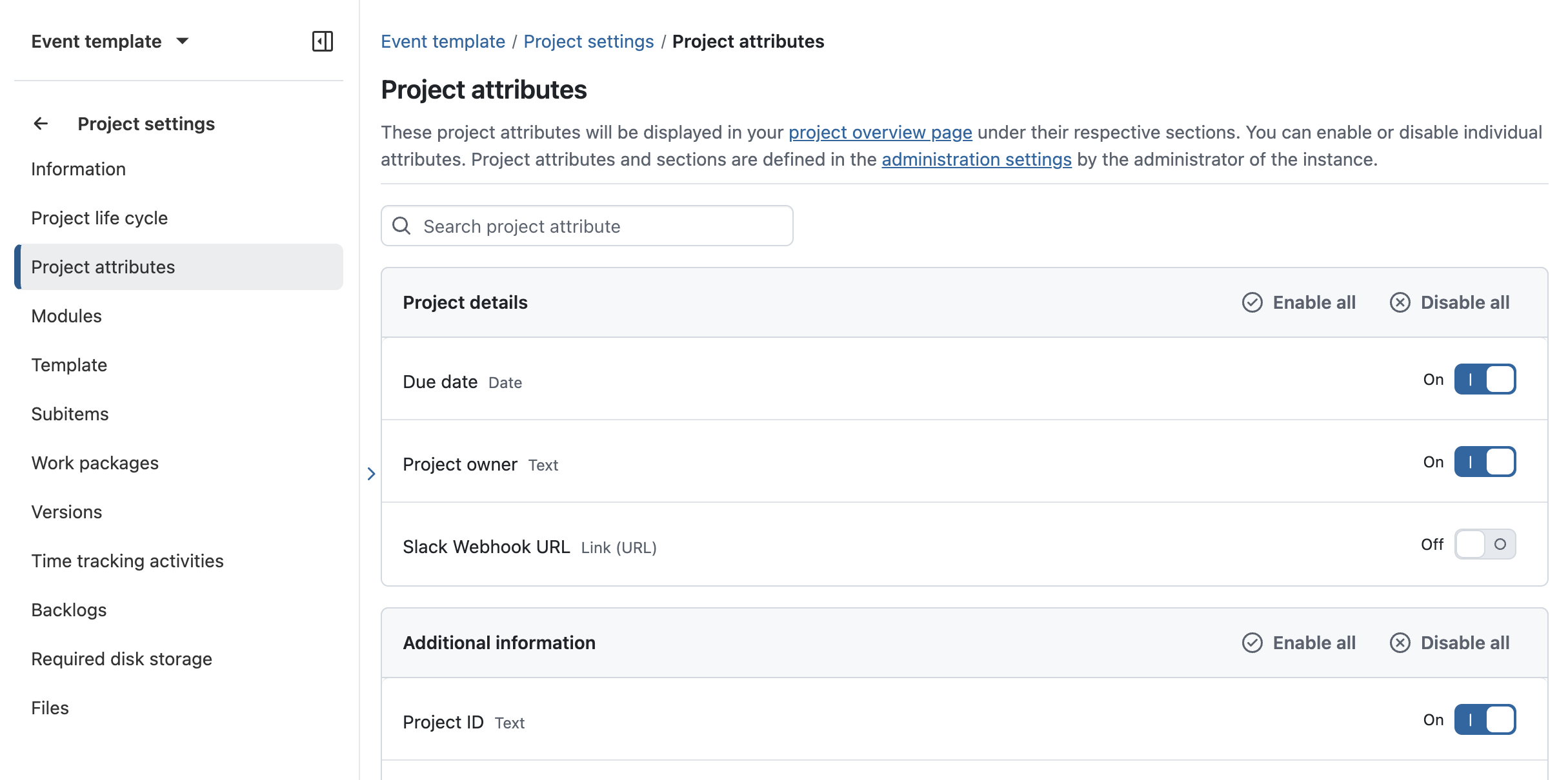 Showing active project attributes for the project
