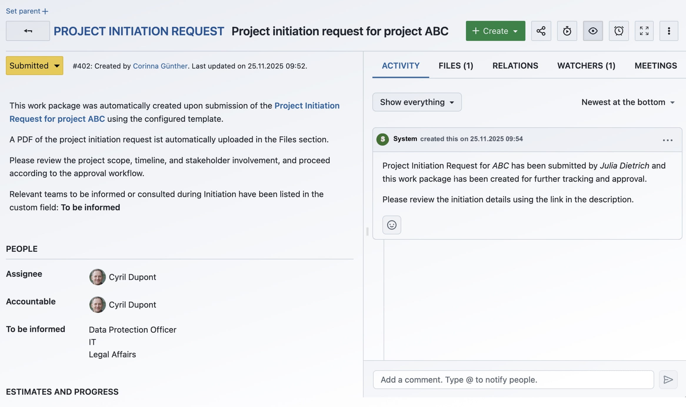 Demo work package of type Project initiation request with automatically written description, uploaded PDF file and comment by system