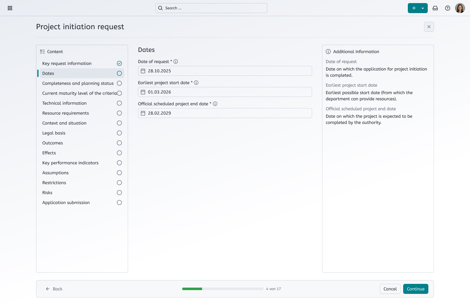 Mockup showing interface to fill out several requirements for the project initiation request, such as Dates, Technical information or legal basis