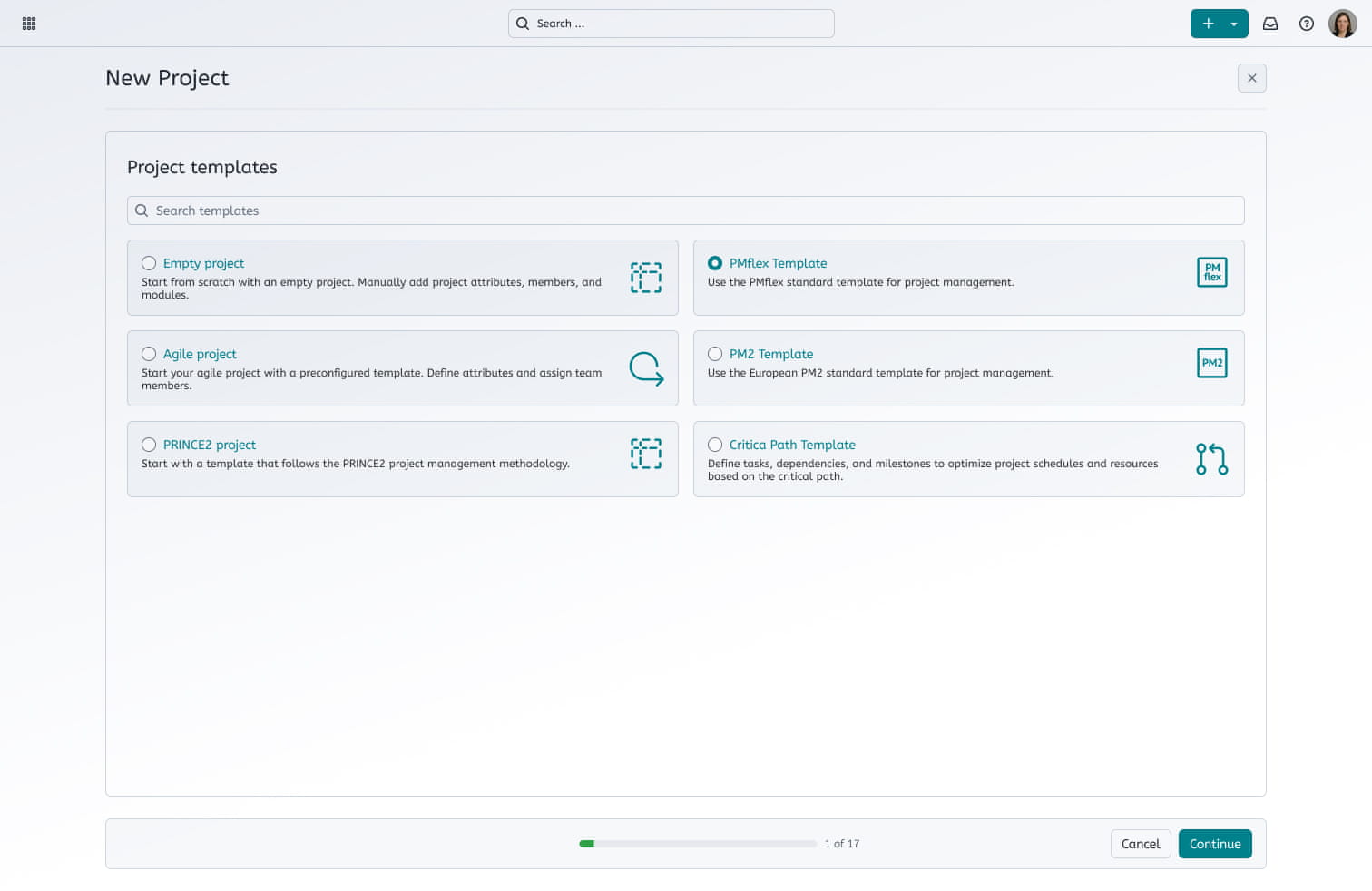 Mockup showing interface to select different templates to begin the project initiation request in OpenProject