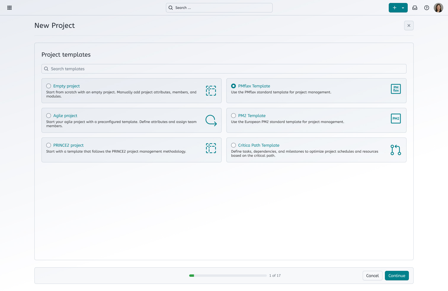 Mockup showing interface to select different templates to begin the project initiation request in OpenProject