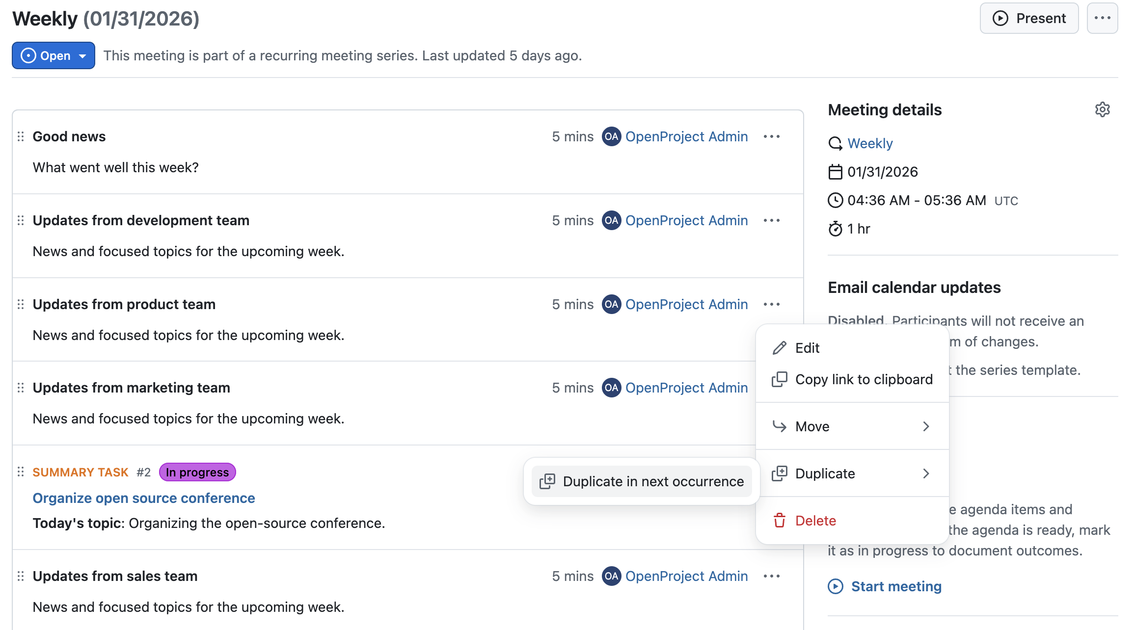 Reunión de OpenProject que muestra la opción de duplicar un punto del orden del día para la próxima reunión haciendo clic en el menú Más de un punto del orden del día –> Duplicar –> Duplicar en la próxima reunión.