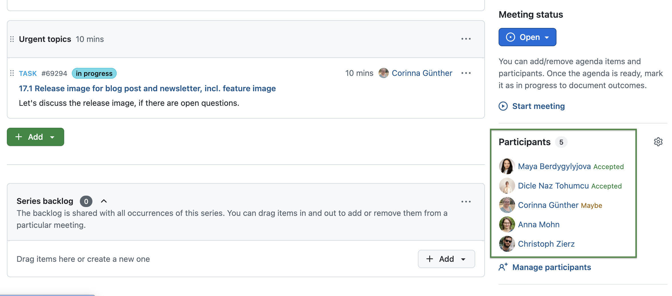 Reunión de OpenProject en la que se muestra a los participantes con estados como «aceptado» o «quizás»