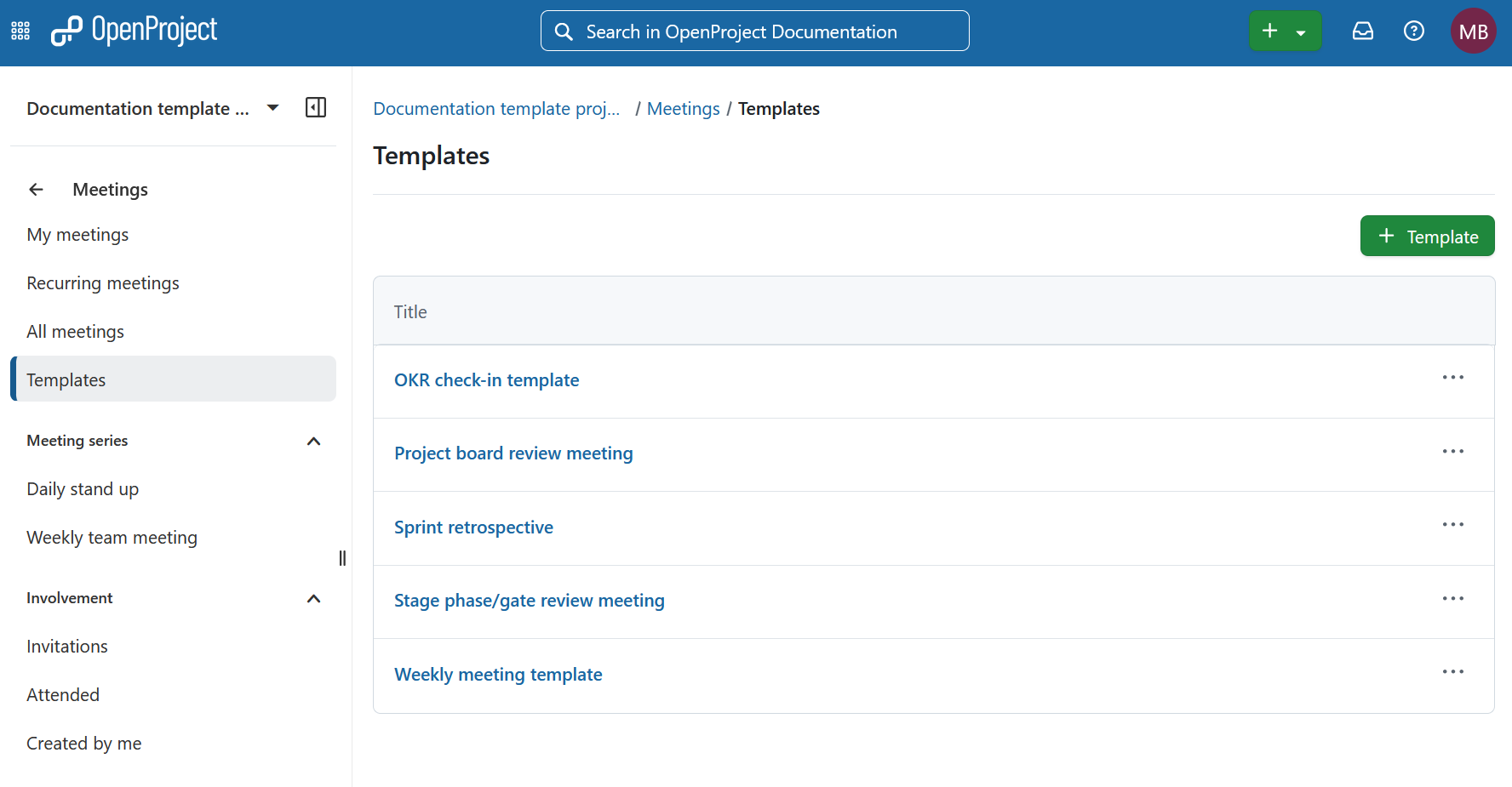OpenProject Meetings module showing the Templates page with reusable meeting templates such as OKR check-in template, sprint retrospective, and weekly meeting template.