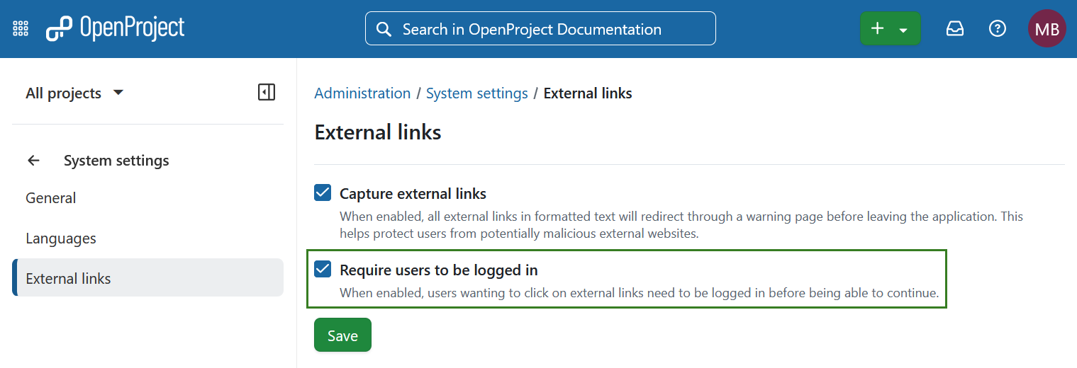 OpenProject administration settings page for external links with the option enabled to require users to be logged in before following external links.