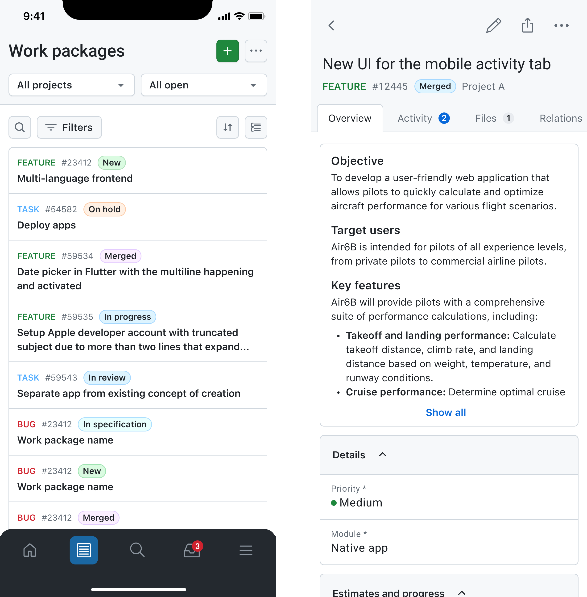 Two screenshots of OpenProject mobile app showing work package list and a detailed view of a single work package