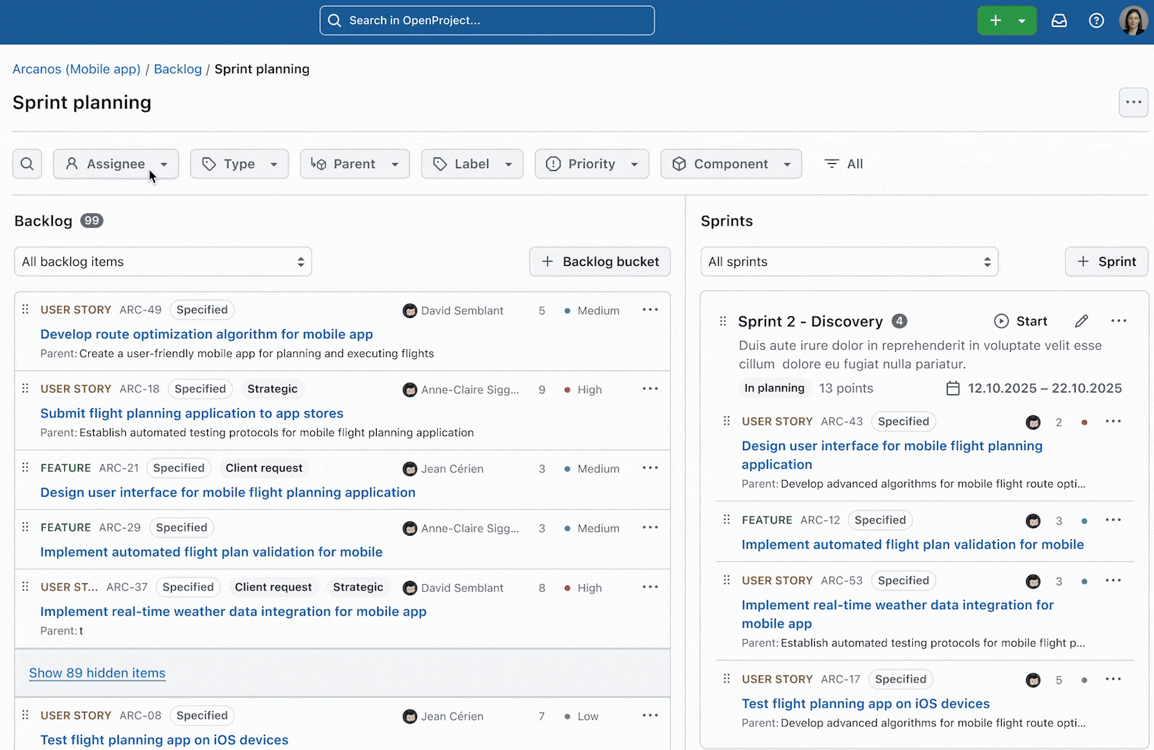 GIF preview: backlog assignees in OpenProject