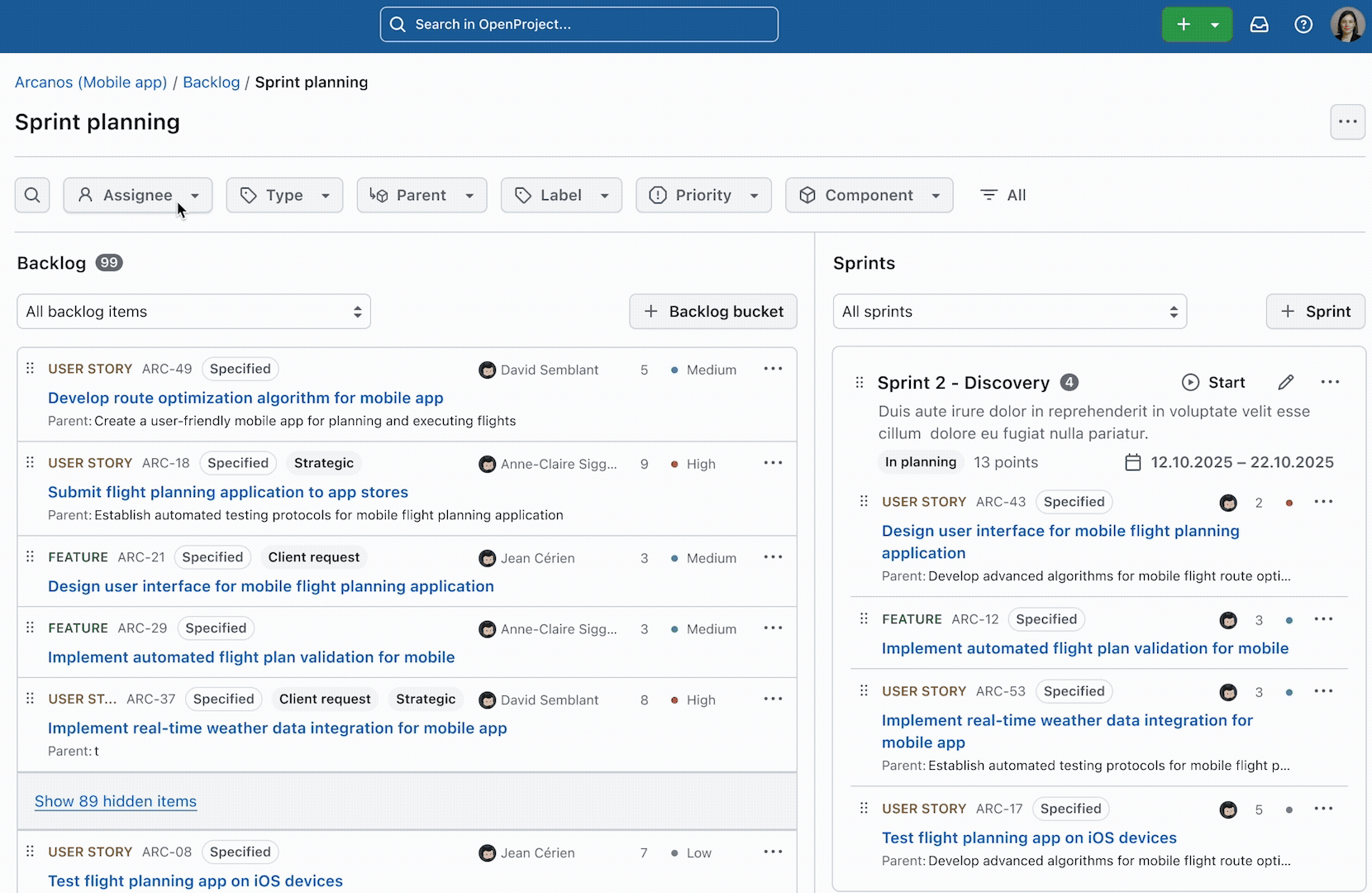 GIF preview: backlog assignees in OpenProject