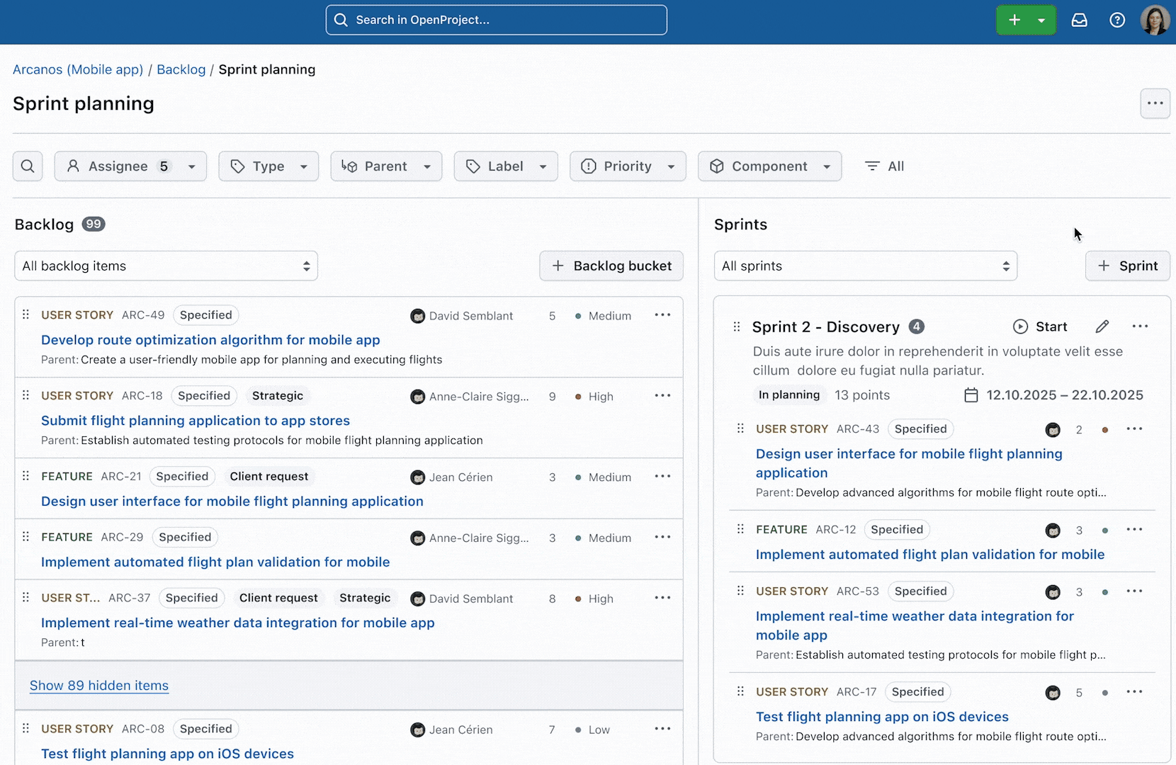GIF preview: OpenProject sprint planning