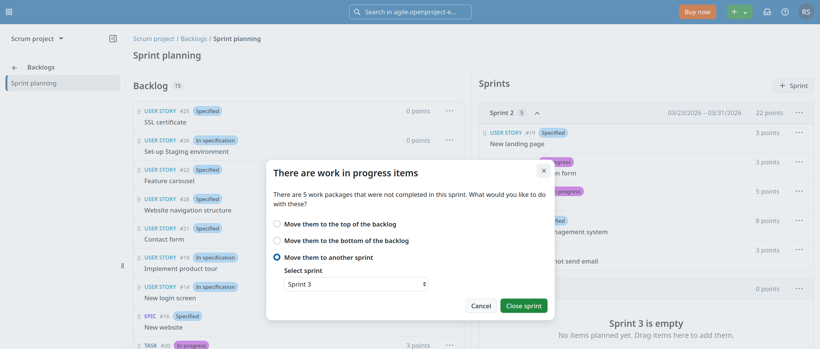 OpenProject 17.3 sprint completion flows