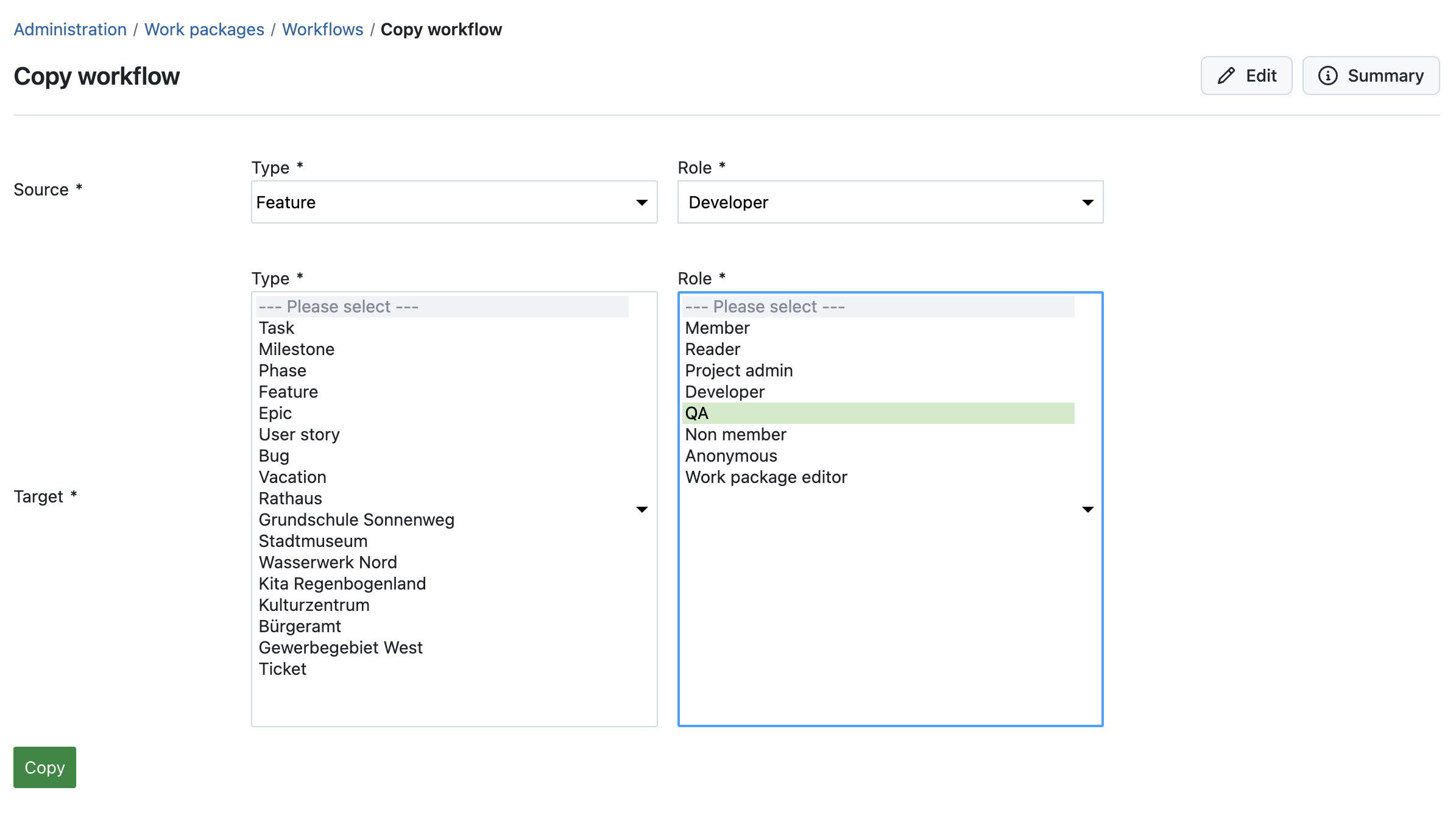 Screenshot showing how to copy status transitions from one role to another in OpenProject