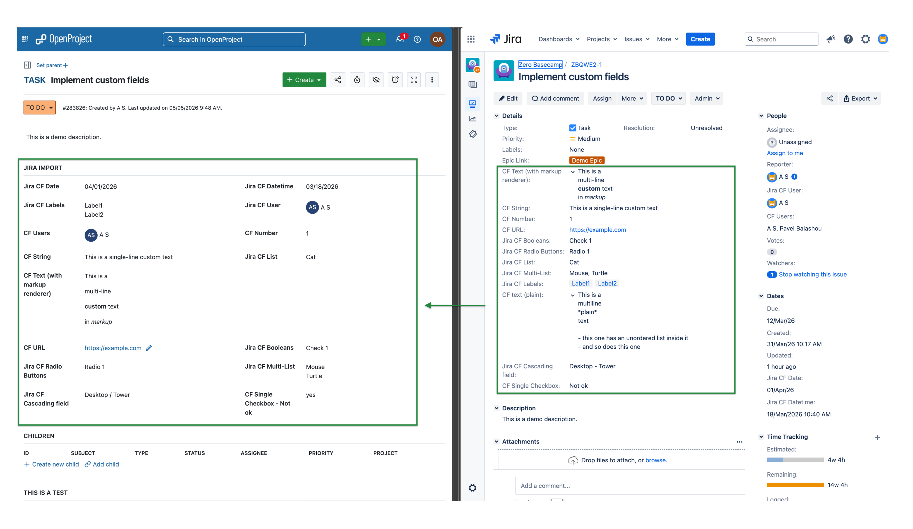 Comparison between Jira (right) and OpenProject (left), with highlight on imported custom fields of different types
