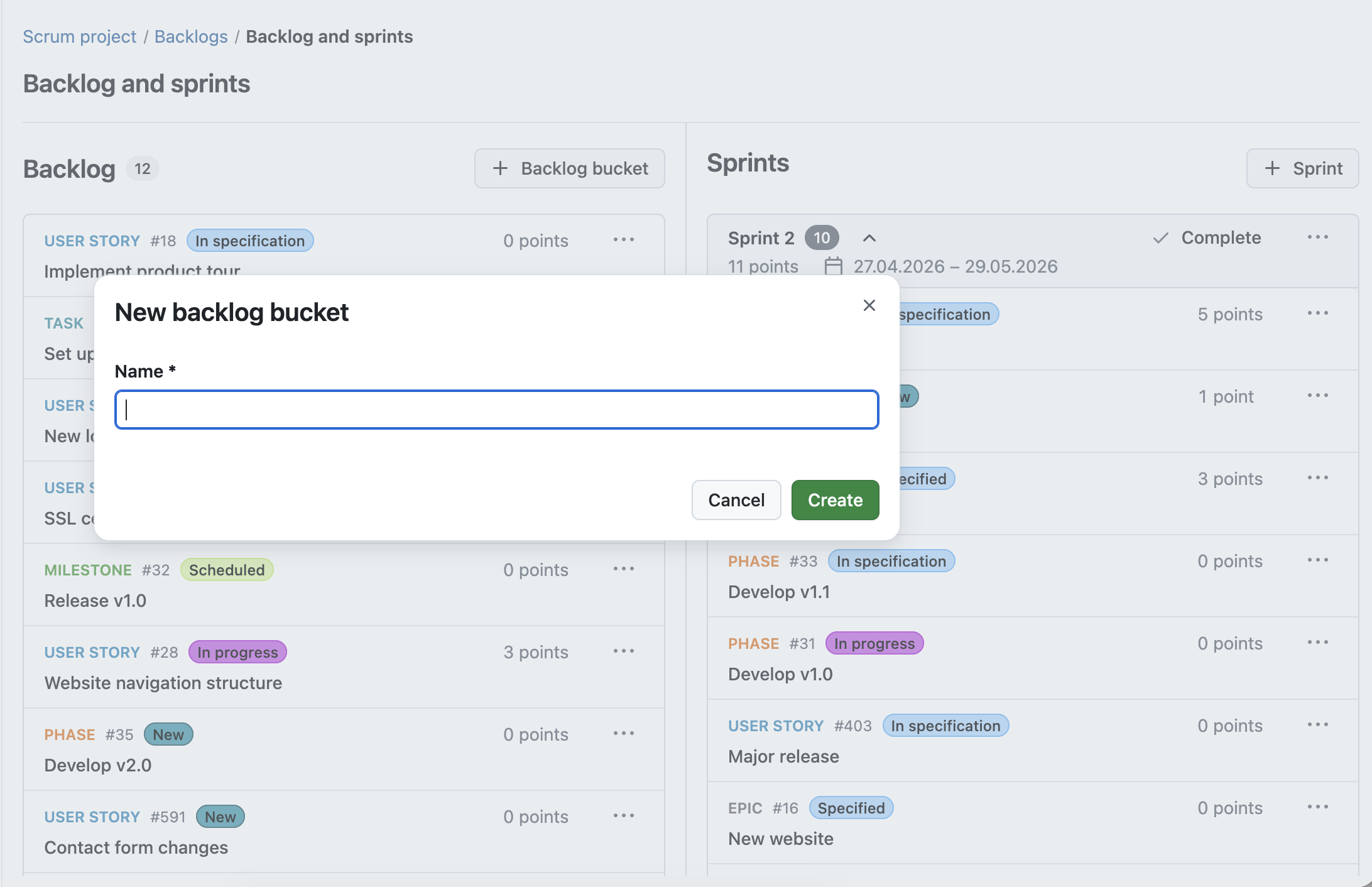 Overlay to create a new backlog bucket in OpenProject, user can enter backlog bucket name