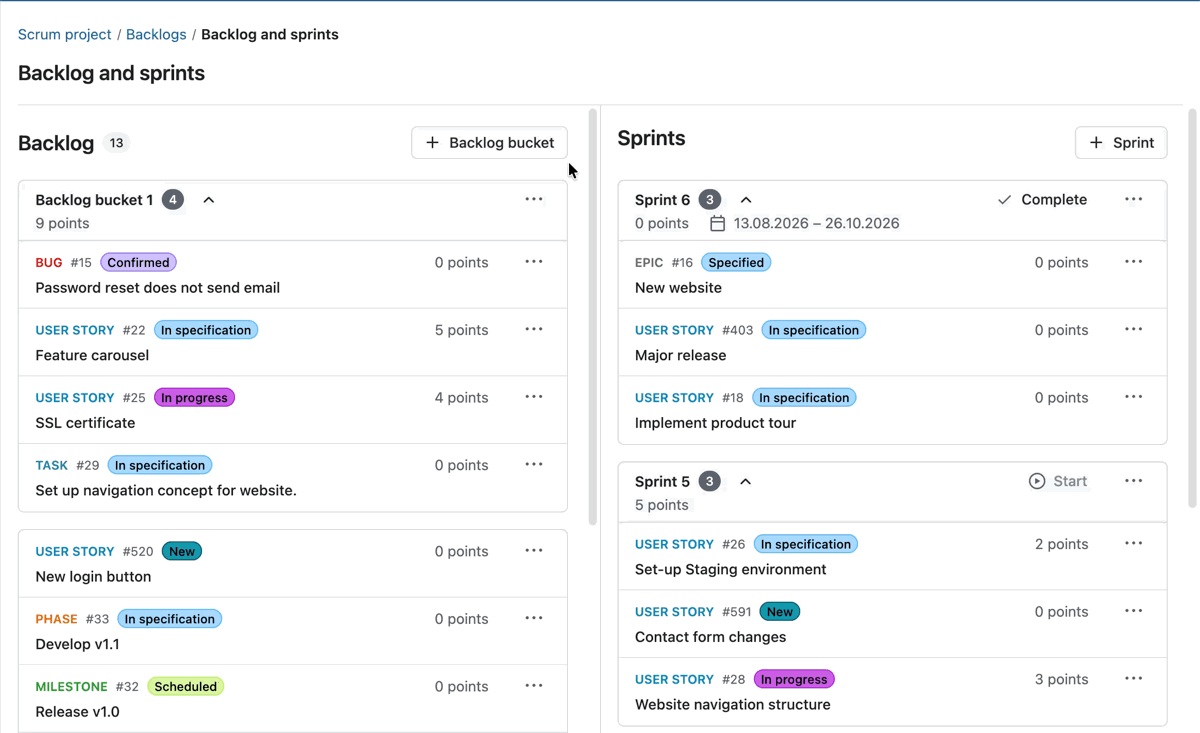 Gif showing how to drag and drop a work package from the Backlog bucket to a Sprint, then clicking on it to open in split view