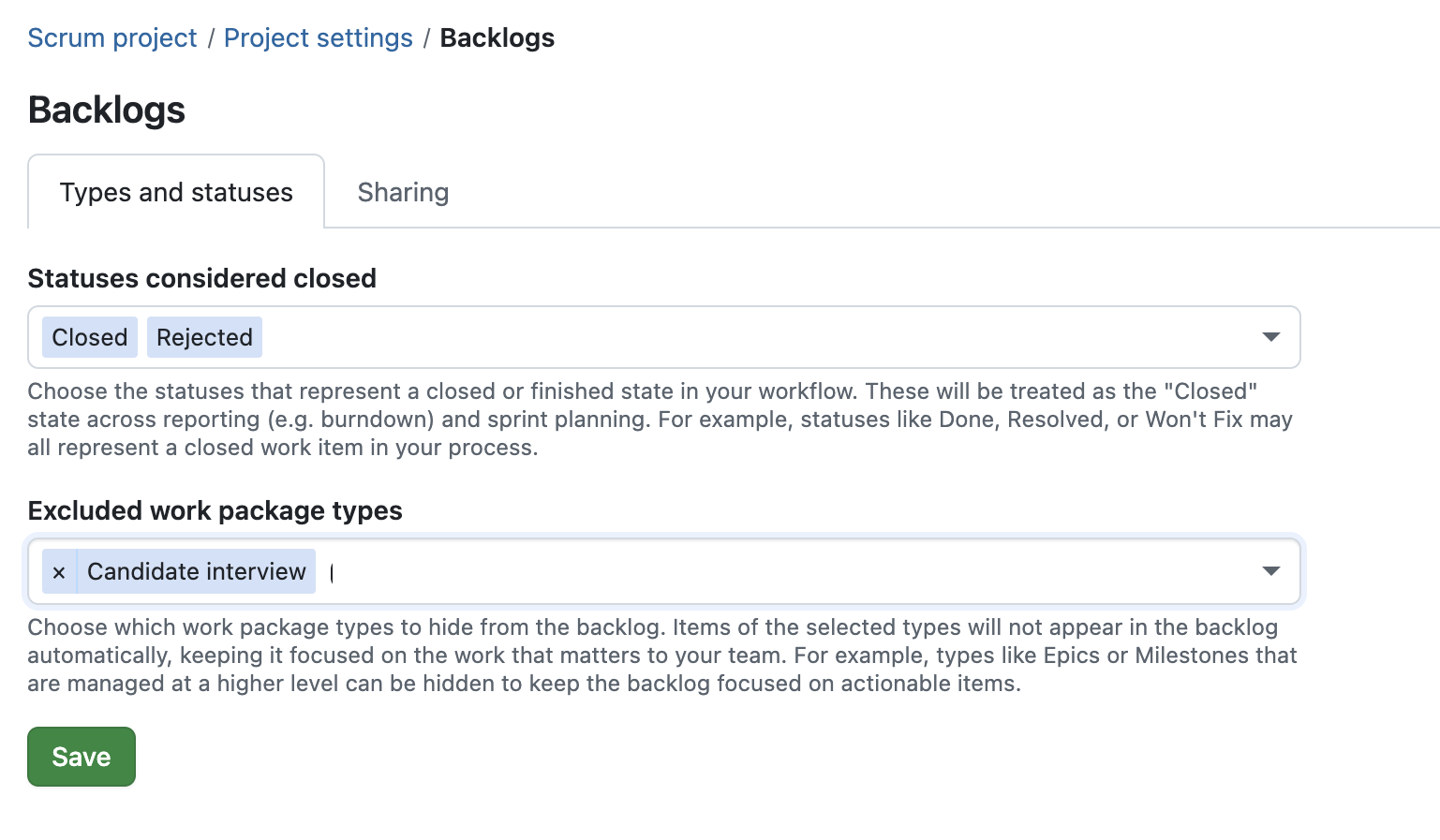 Backlogs settings in OpenProject: Excluded work package types with example ‘Candidate interview’