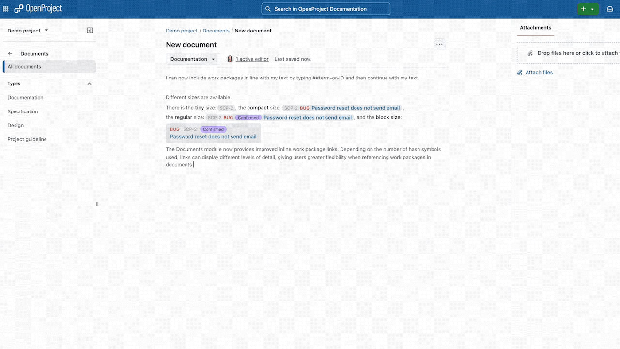 GIF, das zeigt, wie man in OpenProject in Dokumenten einen Link zu einem Arbeitspaket erstellt, wobei Hashtags verwendet werden, um verschiedene Darstellungen zu erzeugen.