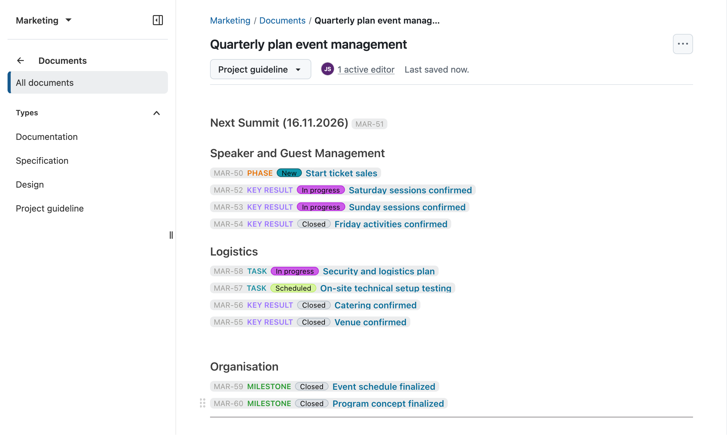 Screenshot, der einen Quartalsplan für Veranstaltungsmanagement zeigt. In verschiedenen Bereichen wie „Logistik“ oder „Referenten- und Gästeverwaltung“ werden verschiedene Arbeitspakete verlinkt und mit bestimmten Attributen angezeigt.